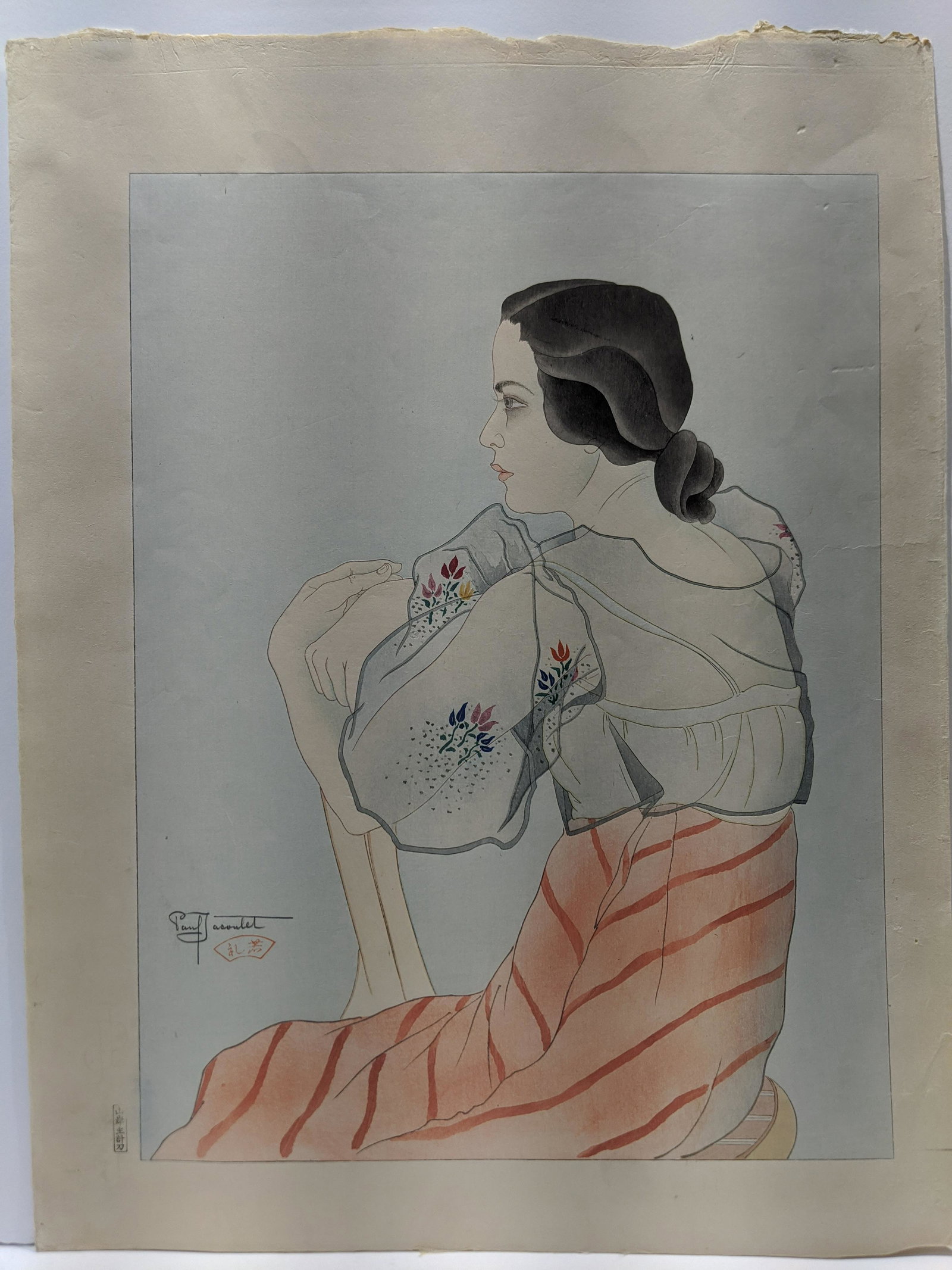 Paul Jacoulet Japanese Woodblock Print Melle: Paul Jacoulet Japanese Woodblock Print Pencil Signed. Not titled. "Melle. Rita Sablan-Diaz. Chamorro Guam-- Marianes," illustrated in Miles, #5.. Measurements in inches: 14 3/4 x 19 1/4 Condition:Has 