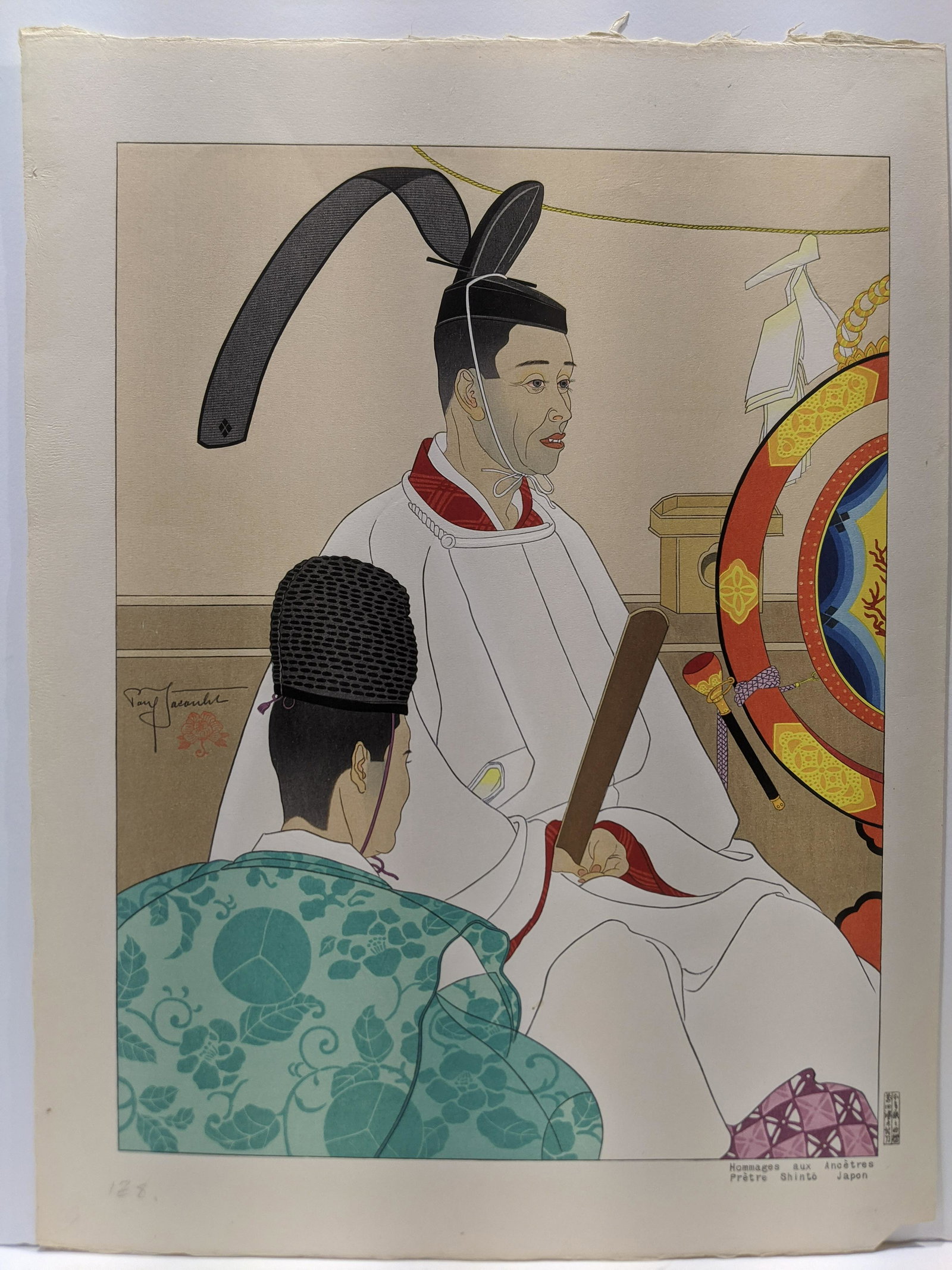 Paul Jacoulet Woodblock Print Hommages aux Ancetres: Paul Jacoulet Japanese Woodblock Print Hommages aux Ancetres Pretre Shinto Japon No 32/350. Pencil Signed. Measurements in inches: 14 x 18 3/4 Condition:Has pinholes left margin and toning lower right