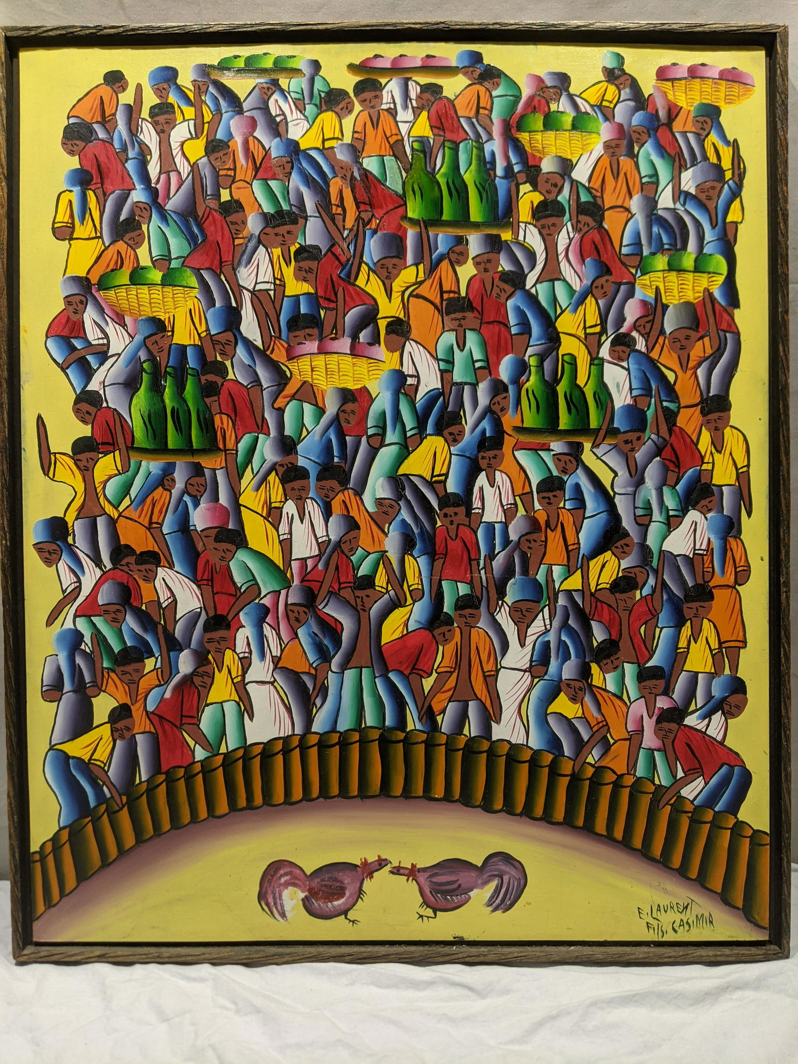 Signed Haitian Cock Rooster Fight Oil Painting (1 of 12)