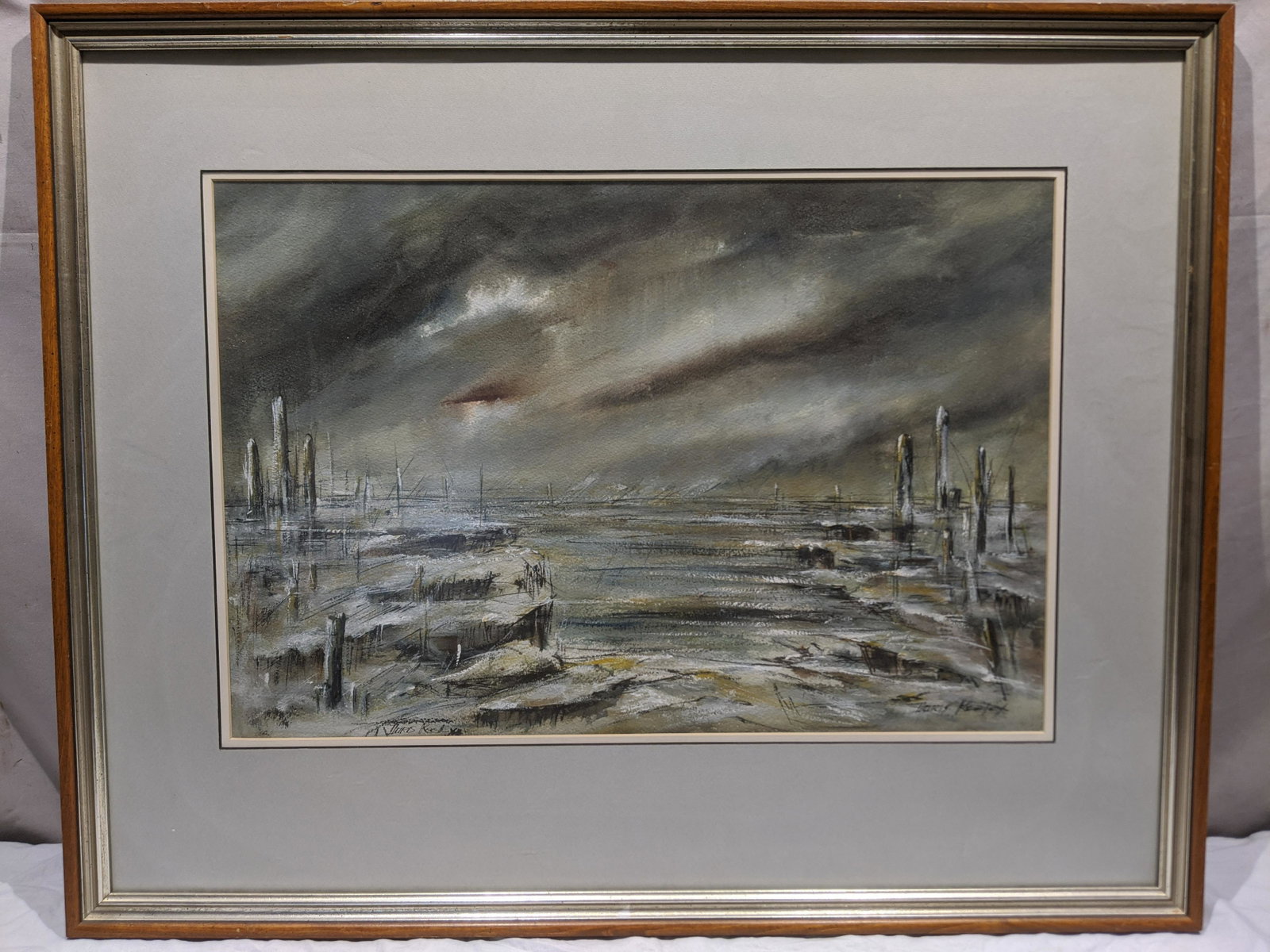 Doris Kentx Signed Docks in Storm Watercolor Painting: Doris Kentx Signed Docks in Storm Watercolor Painting framed under glass. Signed in lower right. Measurements in inches: 29 3/4 x 23 3/4, Image: 21 x 14 Condition:Good with no problems Shipping:We off
