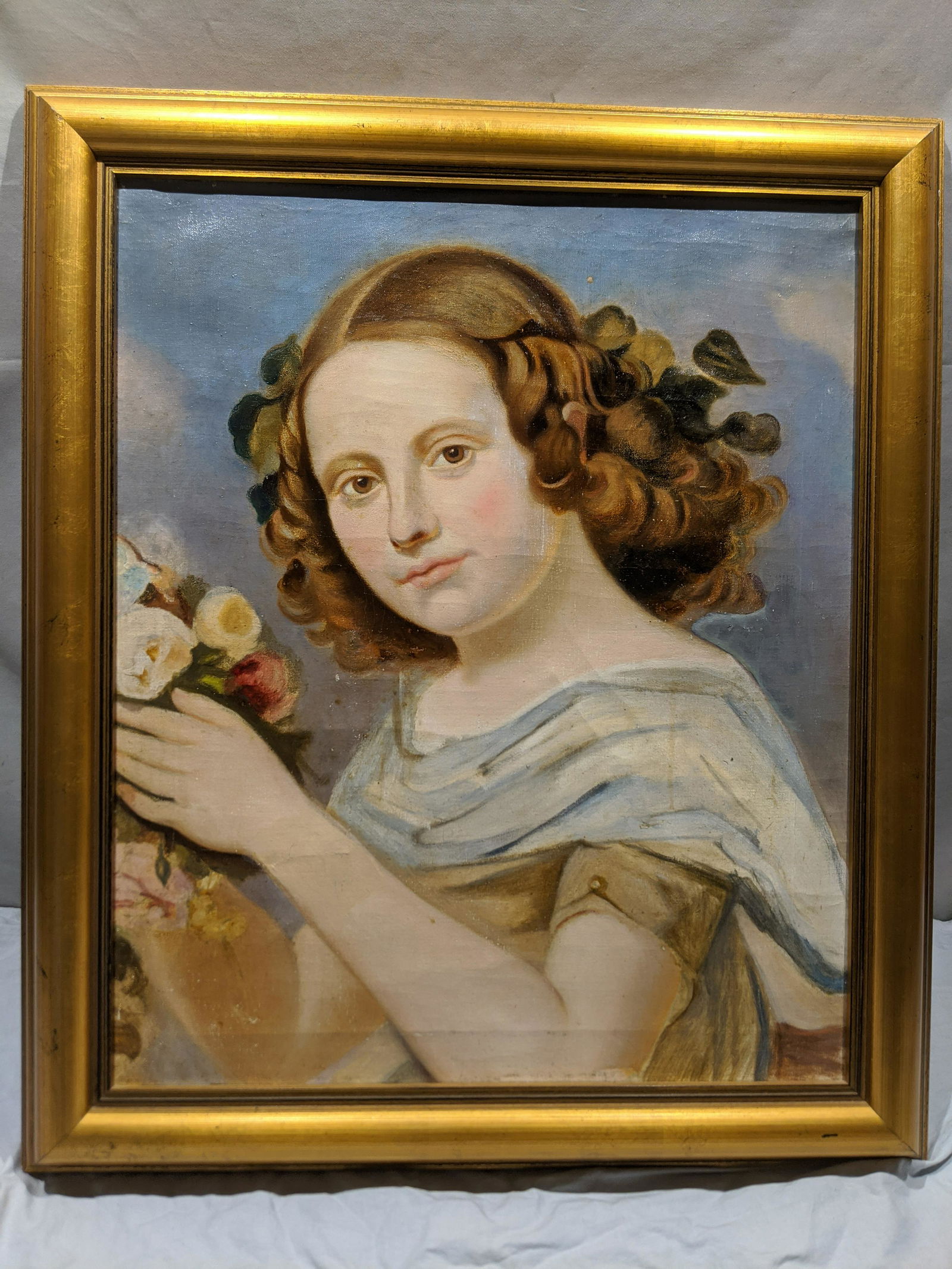Unsigned  Girl w/ Roses Oil Painting (1 of 12)