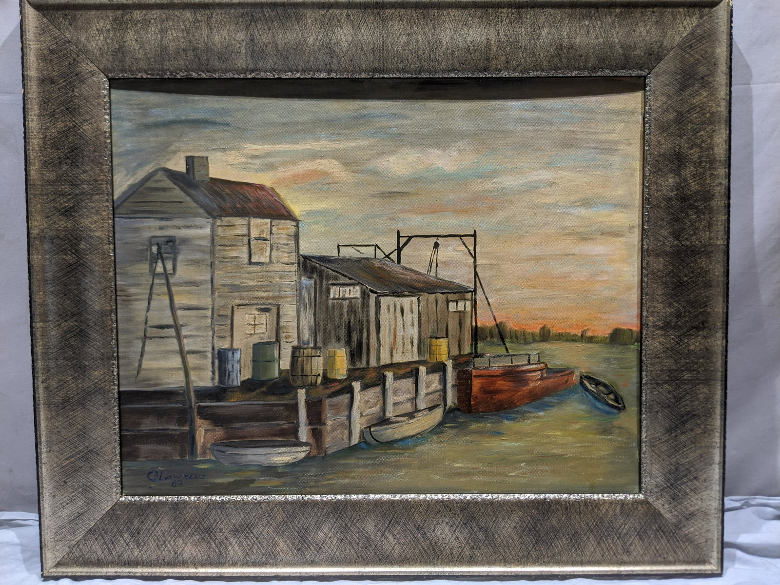 1962 Claude Lawrenz Morning at Rockport IL Painting: 1962 Claude Lawrenz Morning at Rockport IL Painting, on canvas in frame. Listed Illinois artist Born 1944. Measurements in inches: 25 x 21 1/2, image: 19 1/2 x 15 1/2 Condition:Good with no problems S