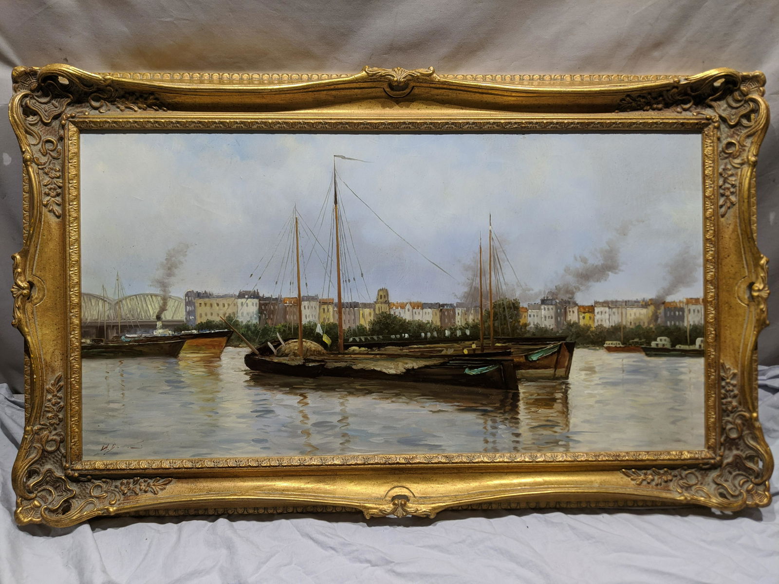 Signed H Jensen? Boats in Harbor Oil Painting (1 of 17)