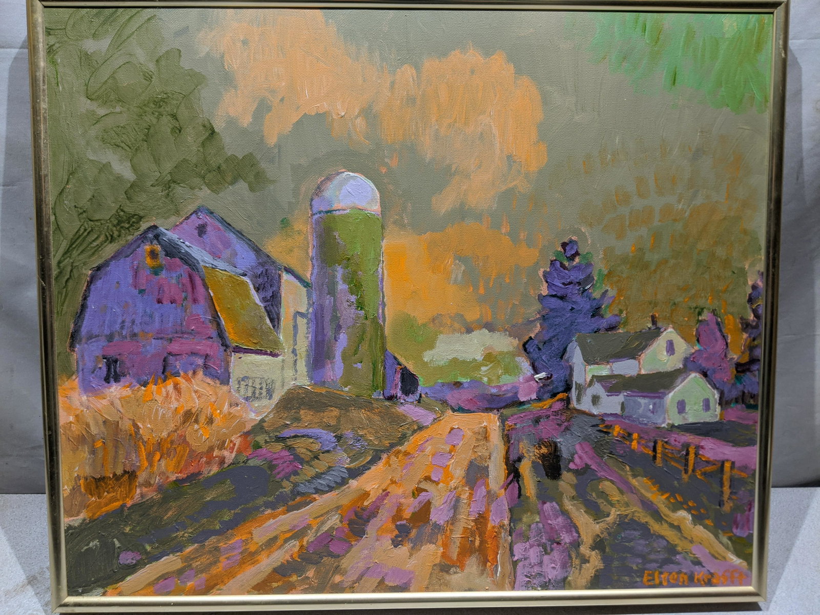 Elton Krafft Wisconsin Farm at Sunset Oil Painting: Elton Krafft Wisconsin Farm at Sunset Oil Painting on canvas in frame. Listed Wisconsin artist born 1914 and died 2001. Gallery card on reverse. Measurements in inches: 24 x 20, Image: 23 x 19 Conditi