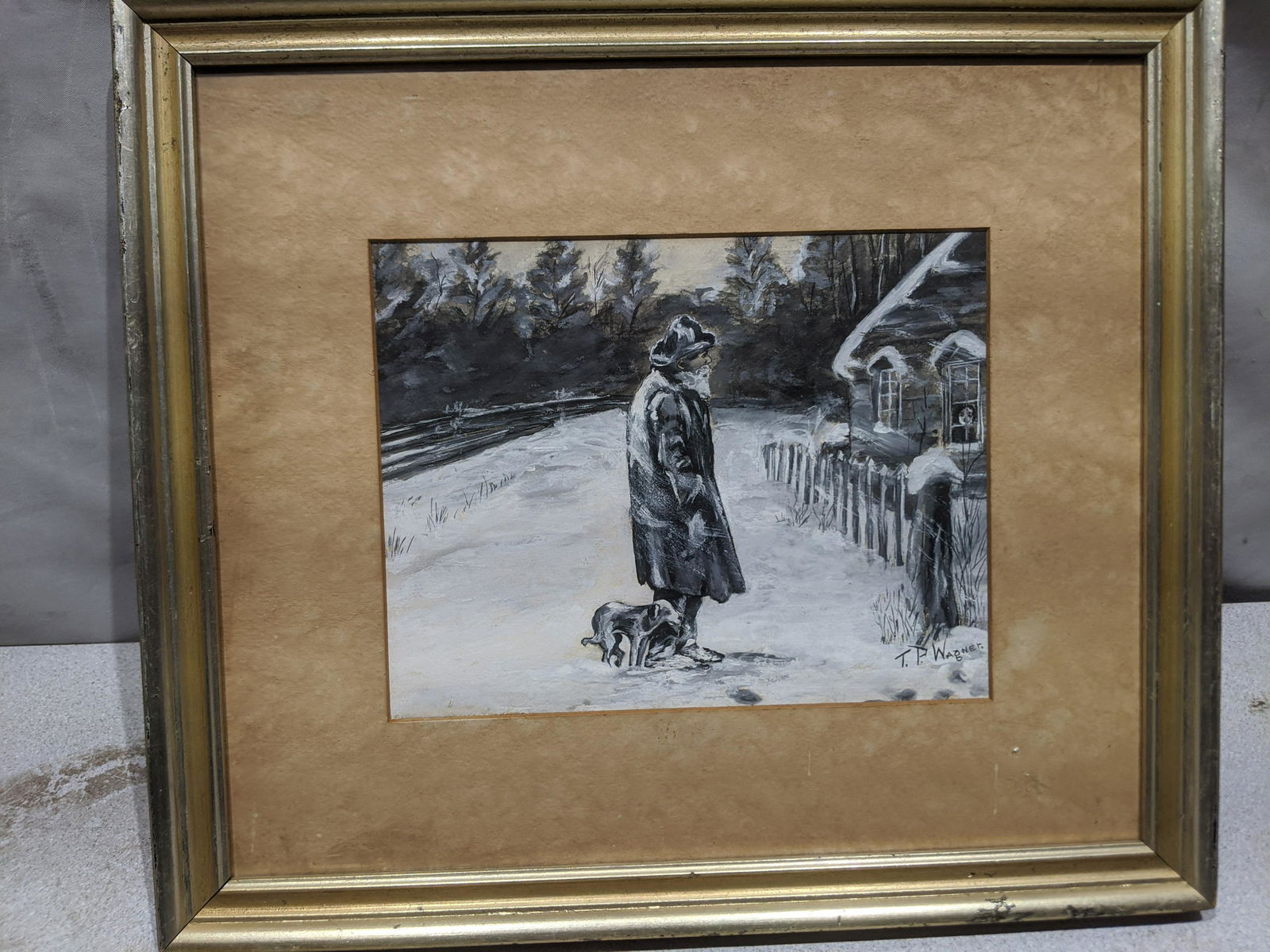 TP Wagner Watercolor Painting Old Man & Dog in Snow (1 of 9)