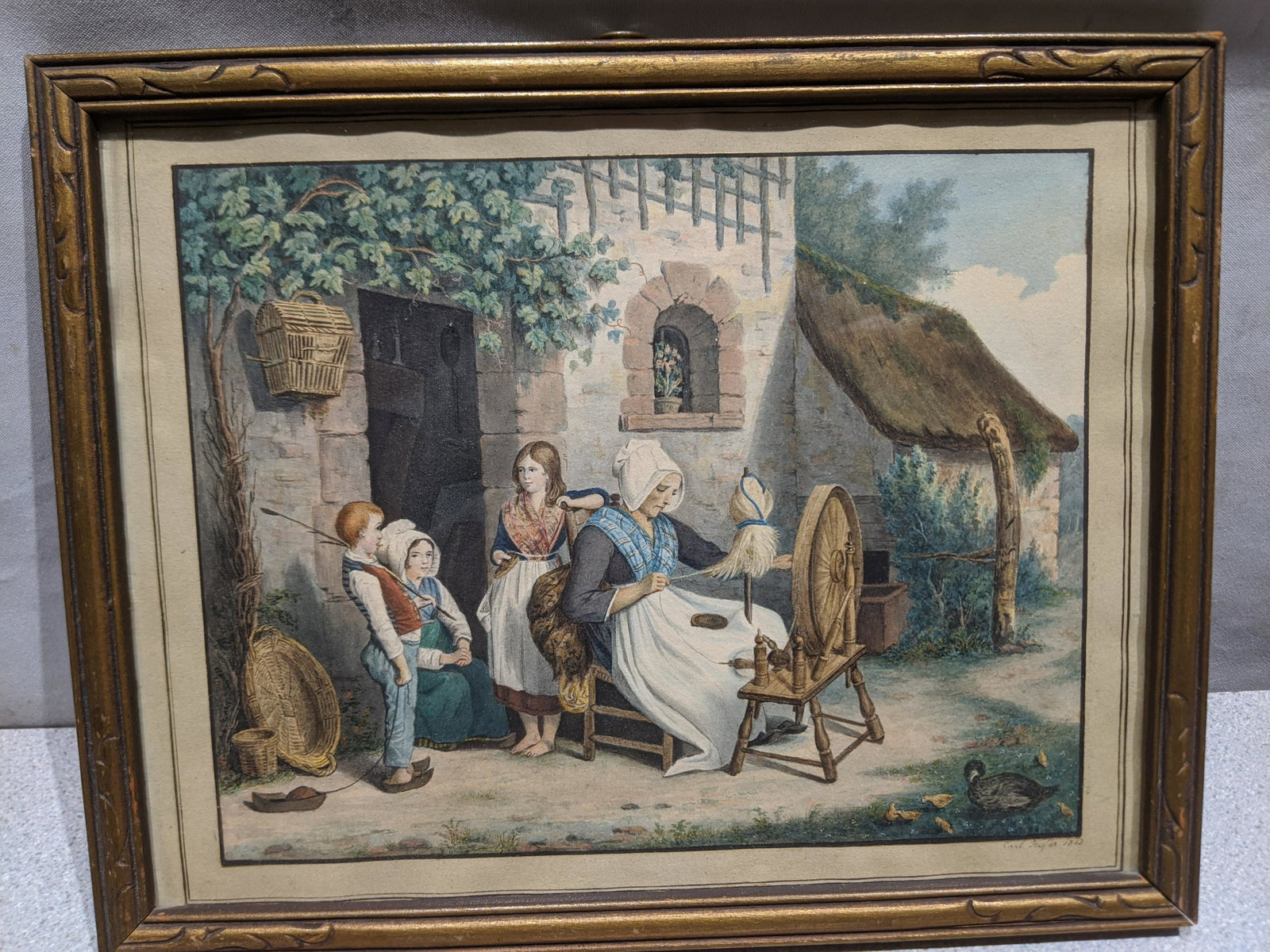 1883 Carl Kessler Lady Spinning Wheel Small Watercolor: 1883 Carl Kessler Lady with Spinning Wheel Small Watercolor framed under glass. Signed lower right. Measurements in inches: 9 3/4 x 7 3/4, Image: 7 3/4 x 5 3/4 Condition:Good with no problem Shipping: