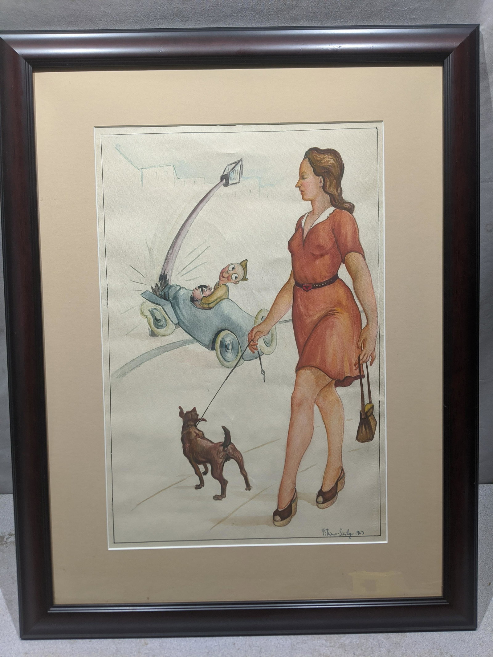1943 Signed Pitzino Sigly Comedic Color Drawing: 1943 Signed Pitzino Sigly Comedic Color Drawing framed under glass. Signed lower right. Hard to make out signature. Have another one by same artist also up for sale. Measurements in inches: 21 x 27, I
