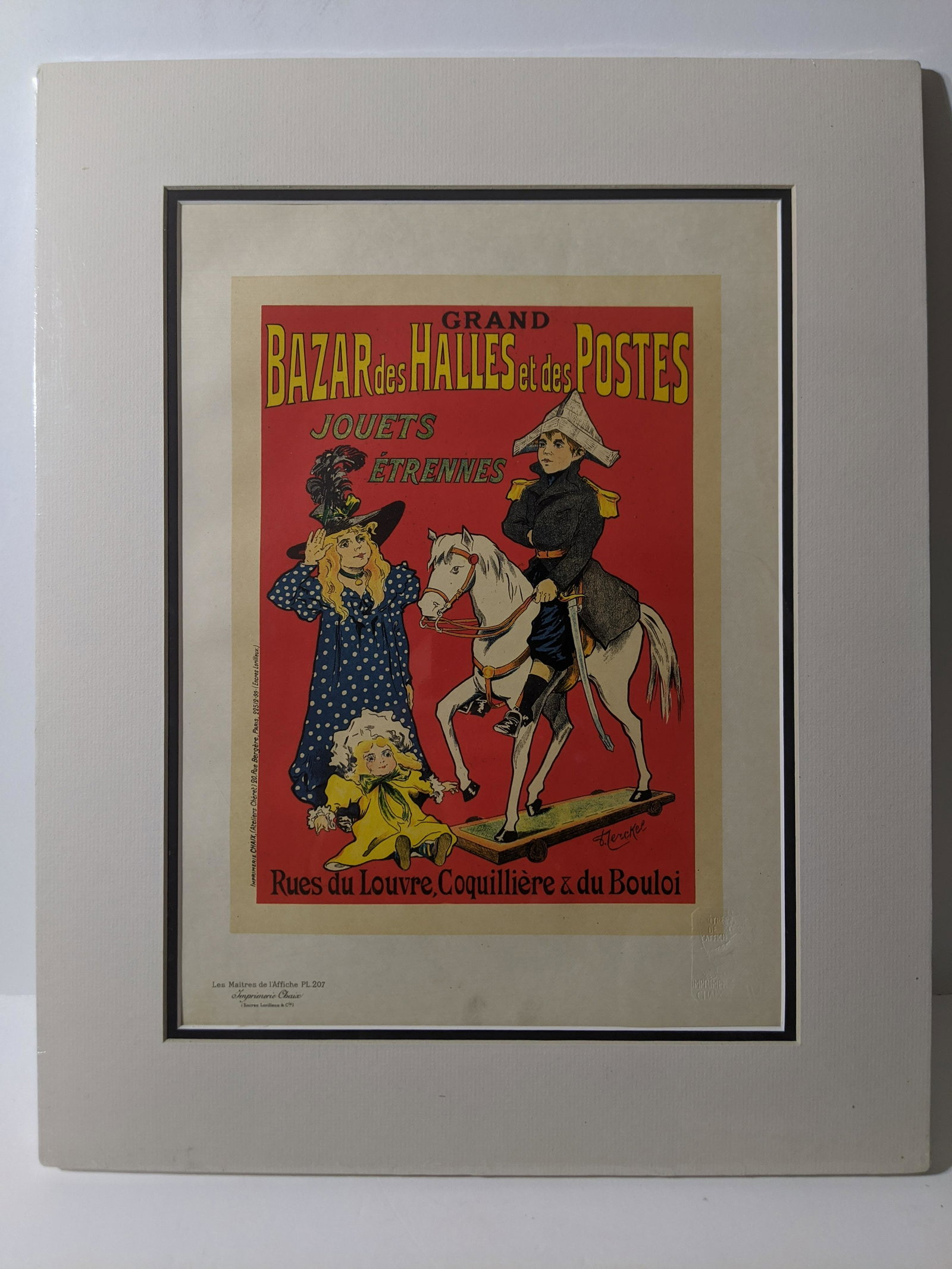 Fernand Fernel Bazar des Halles et Postes PL 207: Les Maitres De L'Affiche Plate 207 with embossed stamp. Titled: Bazar des Halles et Postes by artist: Fernand Fernel . Professionally matted. Measurements in inches: 11 x 16 Condition:Has light toning