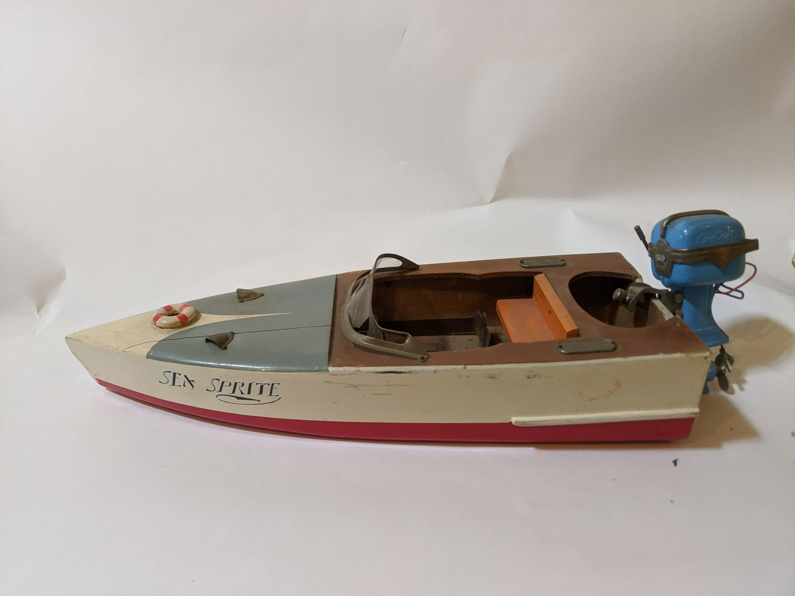 Antique Sea Sprite Wood German Boat w/ Outboard Motor (1 of 9)