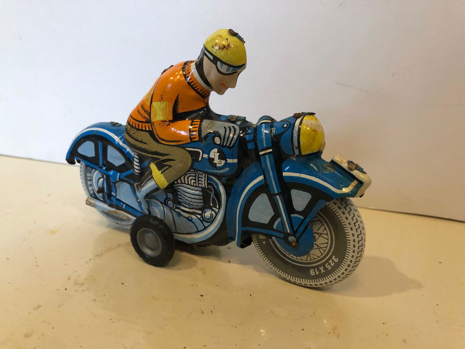 Vintage Tin Litho Friction Motorcycle w/ Rider (1 of 3)
