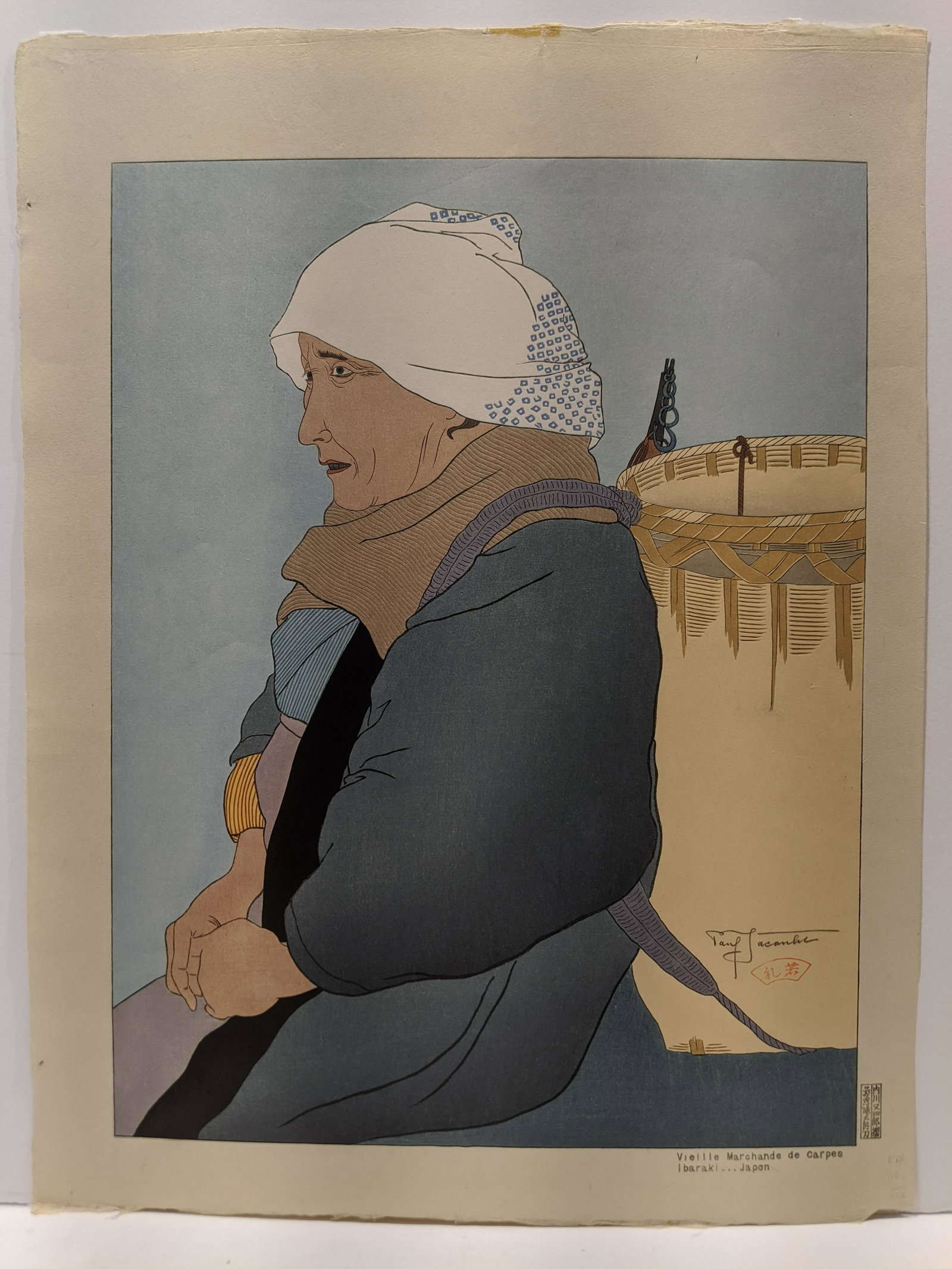 Paul Jacoulet Woodblock Vielle Marchande de Carpe: Paul Jacoulet Japanese Woodblock Print Vielle Marchande de Carpes Ibaraki Japon. Pencil Signed. Measurements in inches: 14 x 18 3/4 Condition:Has pinholes left margin, tape residue top edge visible fr