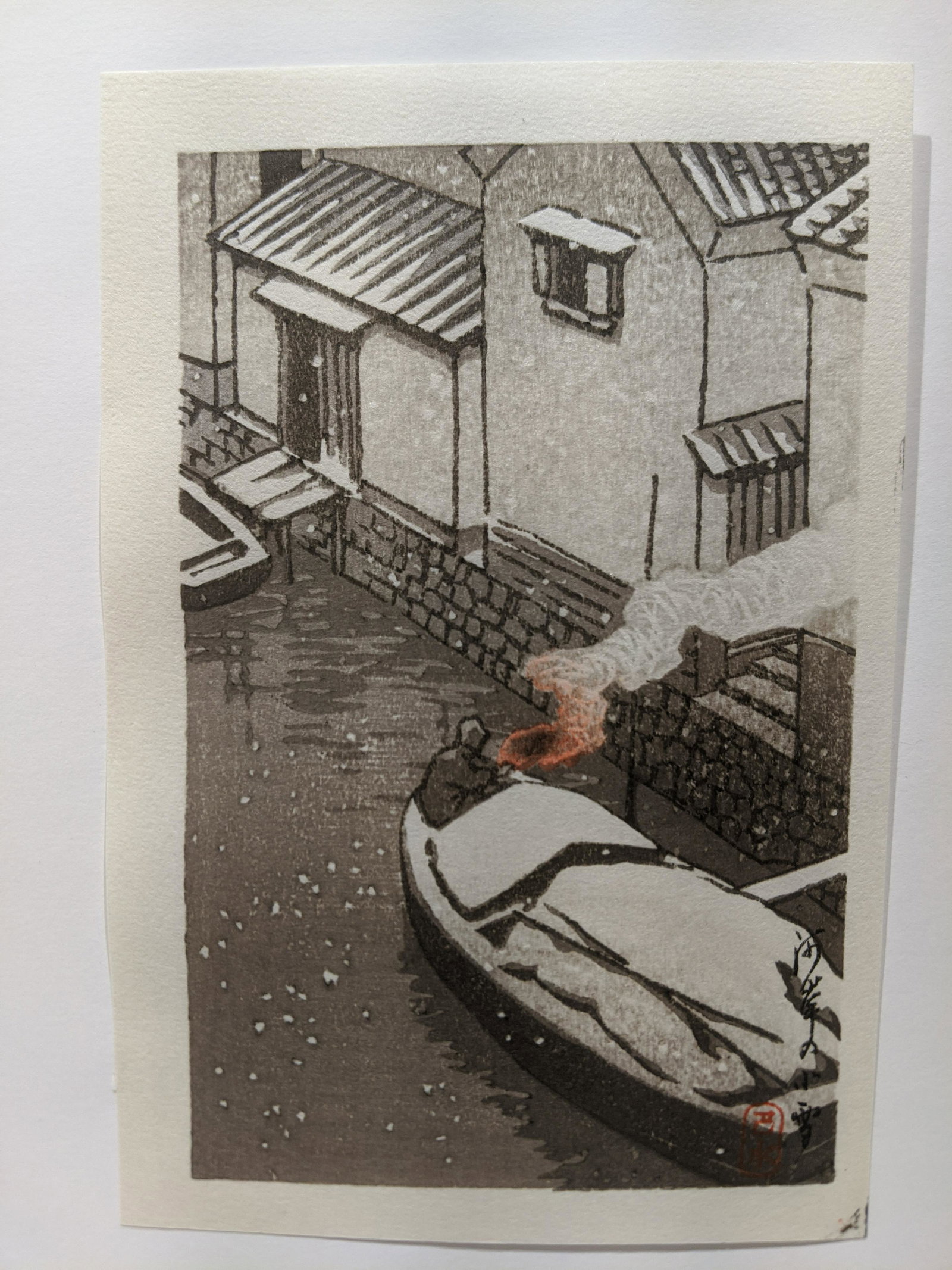 Kawase Hasui Postcard Japanese Woodblock Print Snow: Kawase Hasui Postcard Japanese Woodblock Print Snow on boat in river. Measurements in inches: 4 1/4 x 6 1/2 Condition:Tipped on paper Shipping:We offer in-house shipping. Item(s) will be packed after 