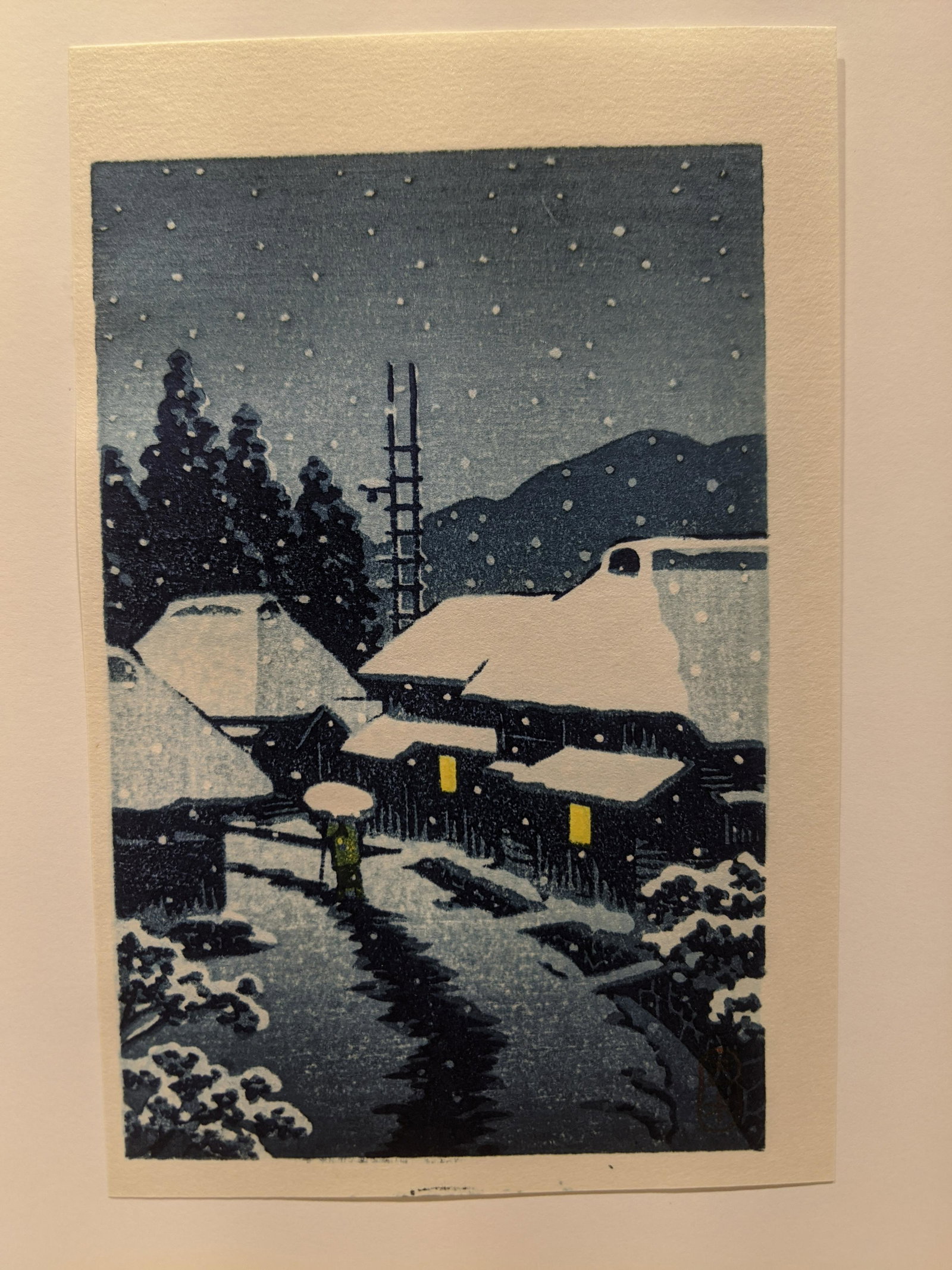 Kawase Hasui Postcard Japanese Woodblock Print Night: Kawase Hasui Postcard Japanese Woodblock Print Night village in snow. Measurements in inches: 4 1/4 x 6 1/2 Condition:Tipped on paper Shipping:We offer in-house shipping. Item(s) will be packed after 