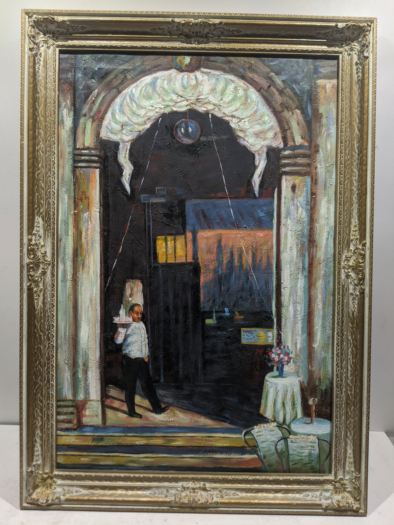 Signed Waiter in French Style Café Large Oil Painting (1 of 12)