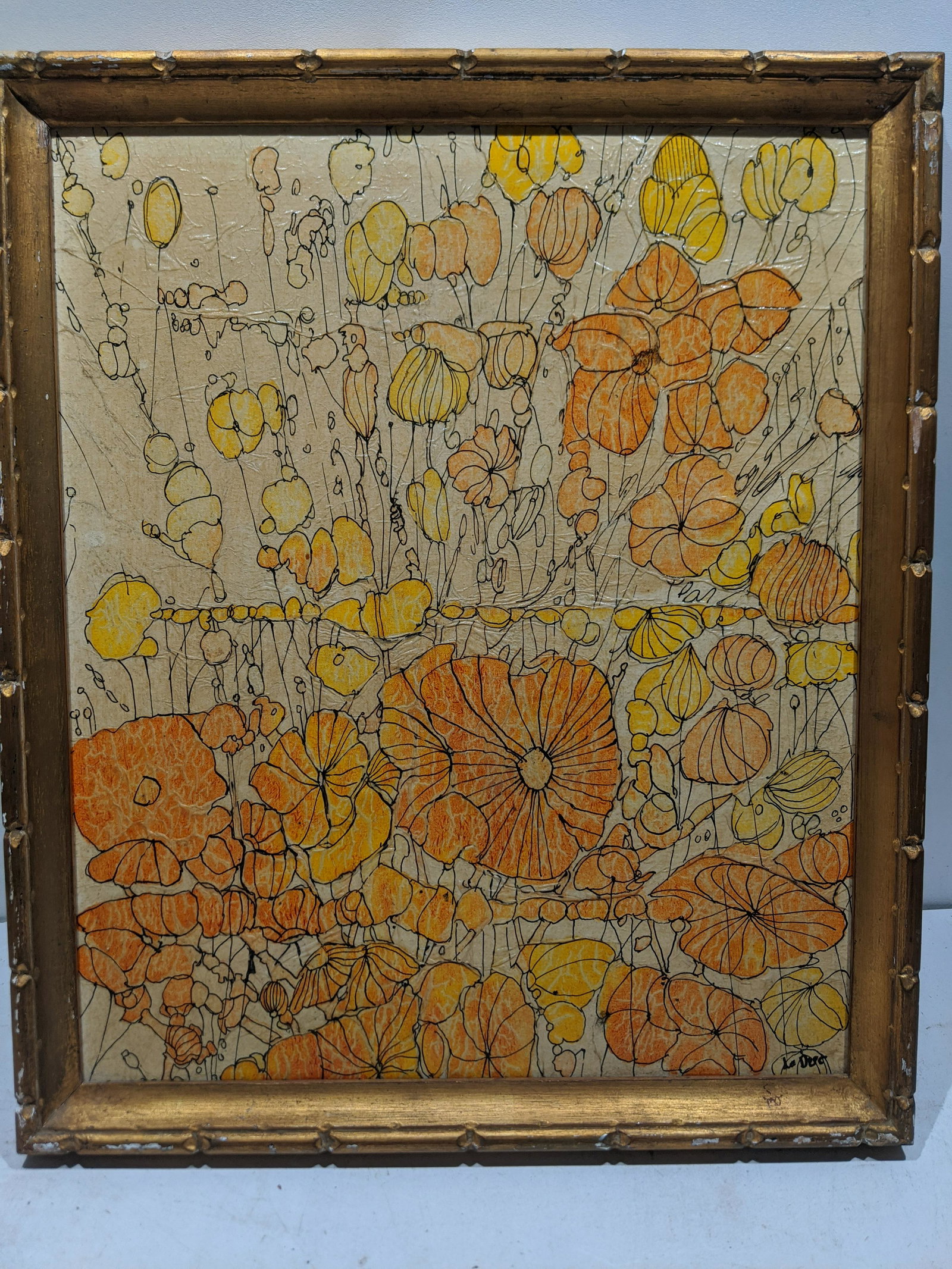 Le Duc 1970's Pop Art Colorful Flowers Oil Painting: Le Duc 1970's Pop Art Colorful Flowers Oil Painting on canvas in frame, Signed lower right. Measurements in inches: 22 x 26, image: 20 x 24 Condition:Has wear with age Shipping:We offer in-house shipp