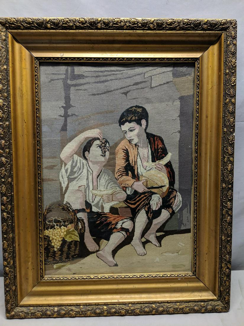 Vintage Needlepoint Boys Eating Fruit on Street (1 of 10)