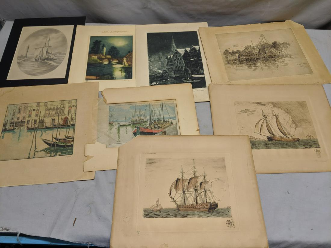 Lot 8 Antique Waterway Ship Nautical Etching Prints (1 of 9)