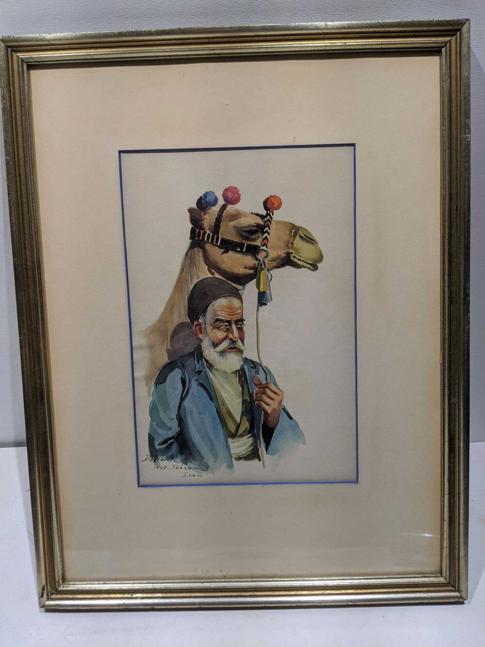 1947 Signed Tehran Iran Man & Camel Watercolor Painting (1 of 9)