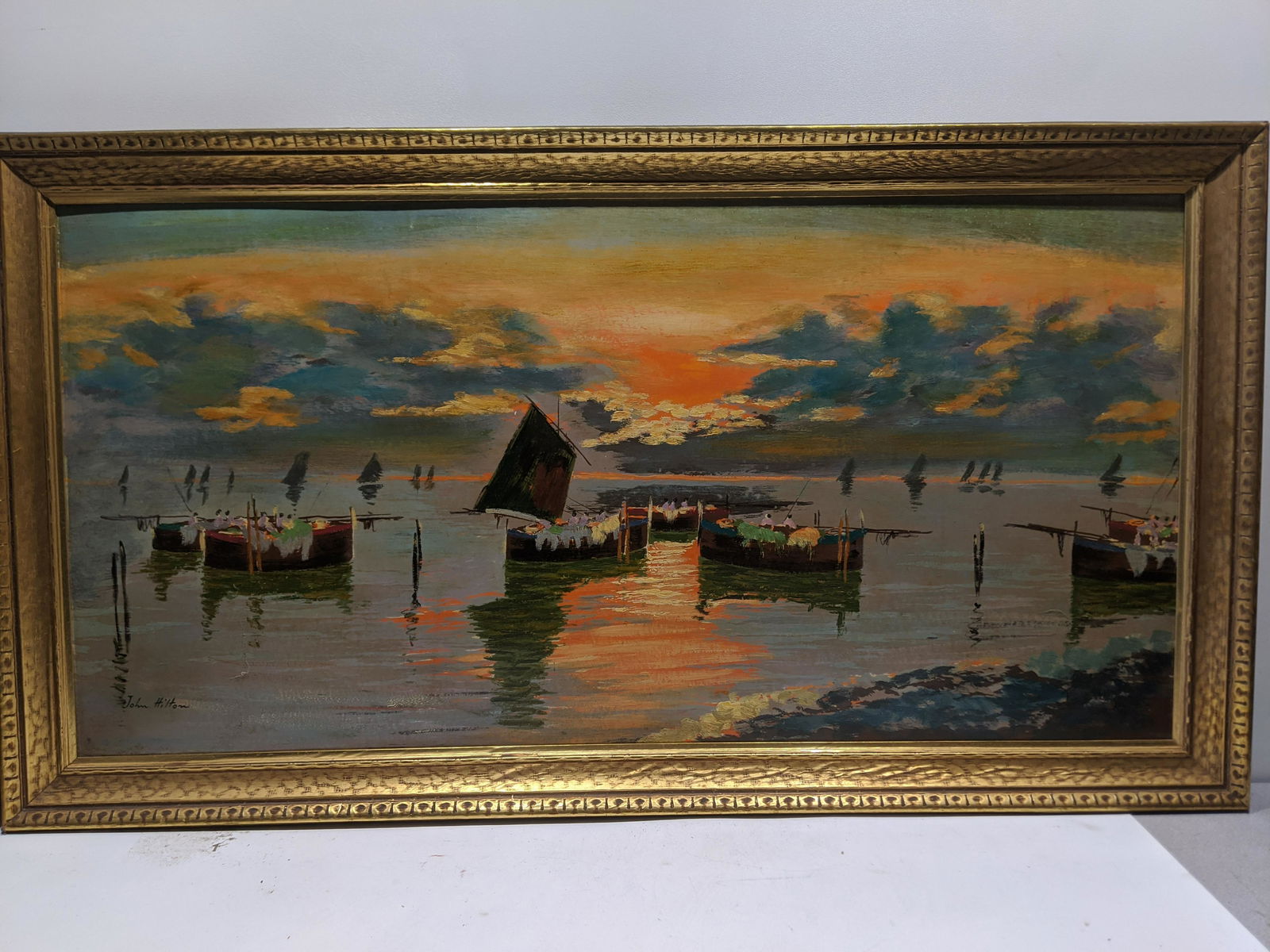 Huge Signed John Hilton Japanese Boats Oil Painting (1 of 15)