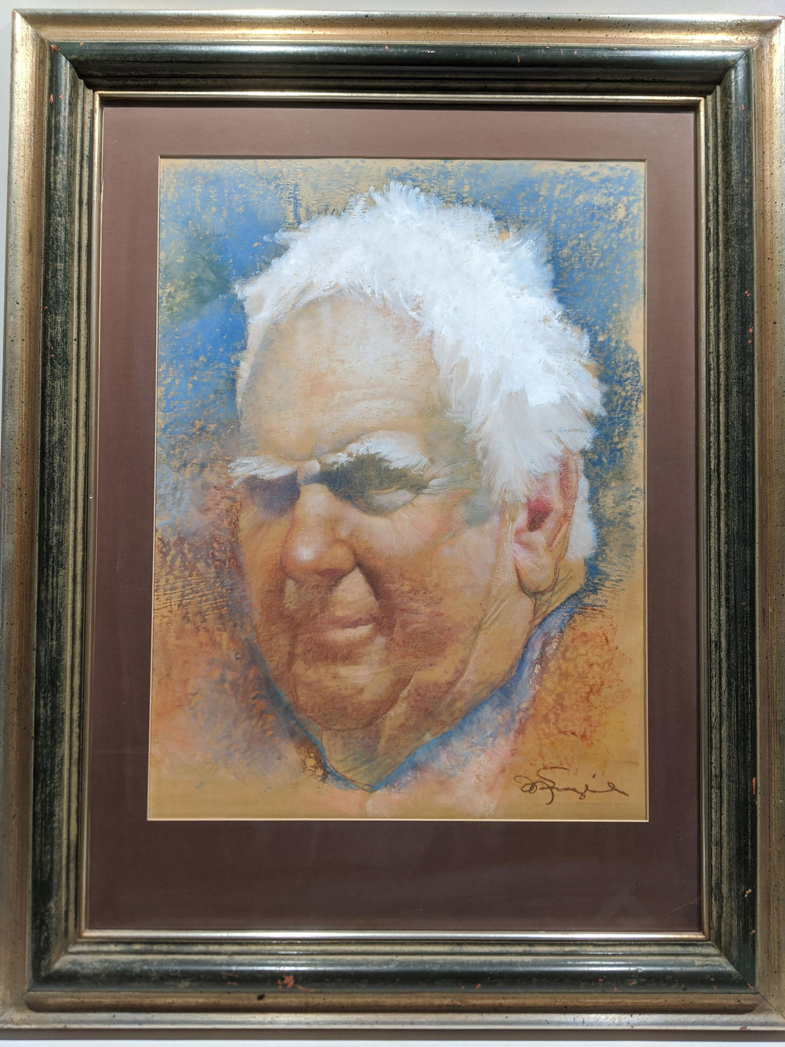 Signed Large Pastel Painting Portrait if Old Man (1 of 12)