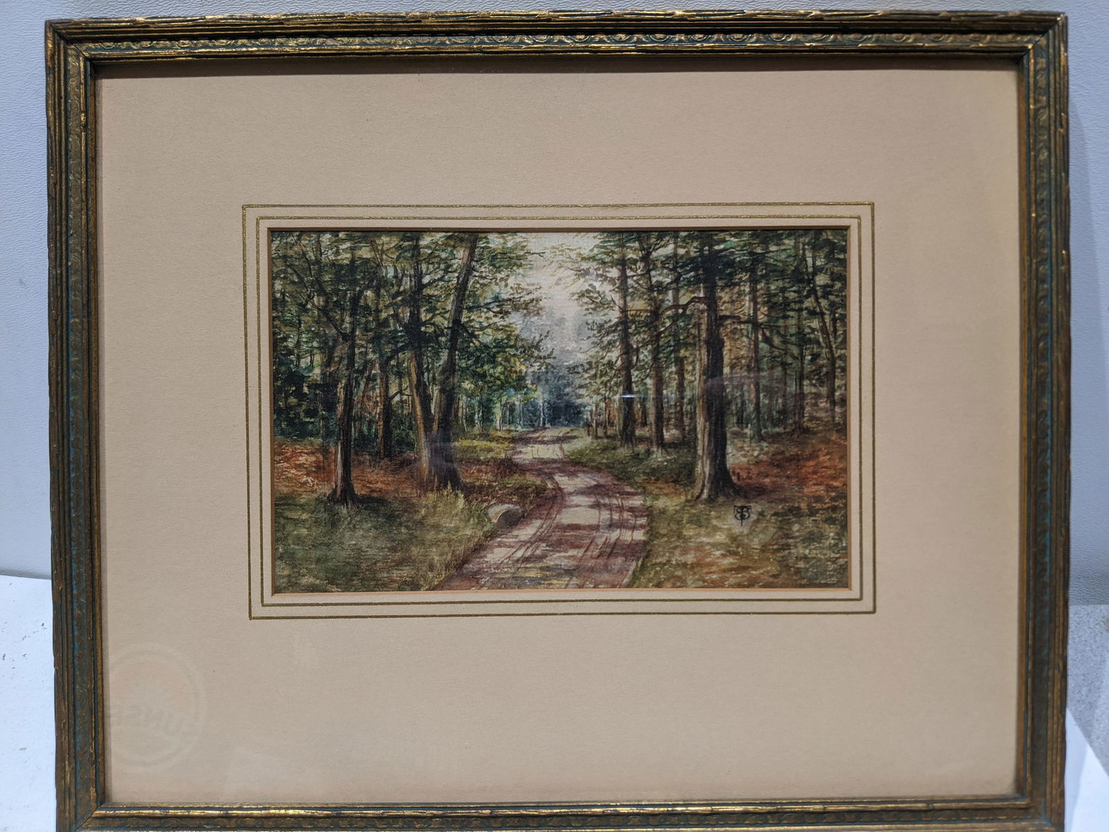 c1930 Signed Small Road thru Forest Watercolor Painting (1 of 9)