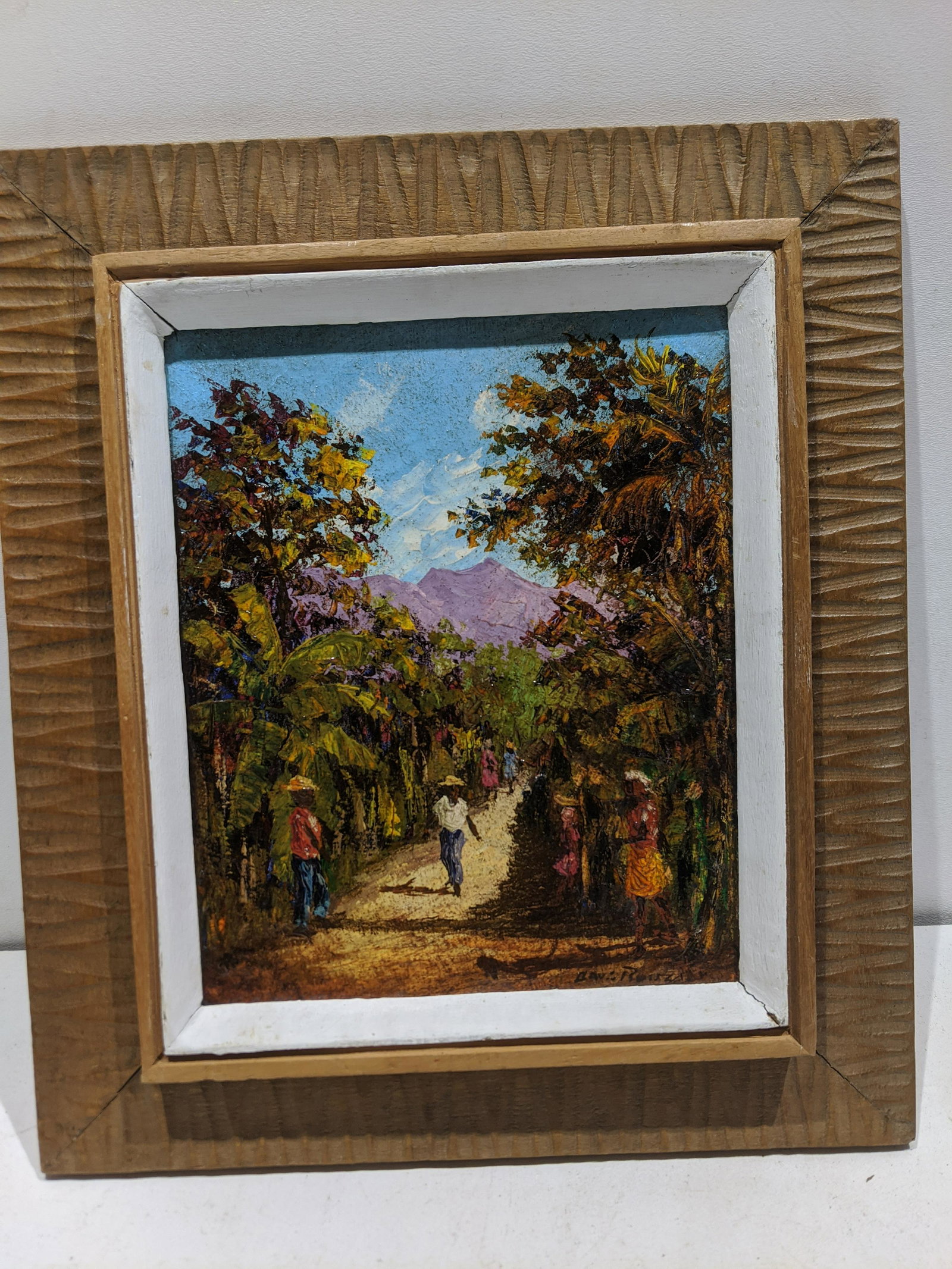 Signed Jungle Path Haitian Oil Painting: Signed Jungle Path Haitian Oil Painting in frame. Signed lower right but cannot make out, Maybe Roree or Raisa?. Measurements in inches: 13 x 15, image: 7 1/2 x 9 1/2 Condition:Good with no problems S