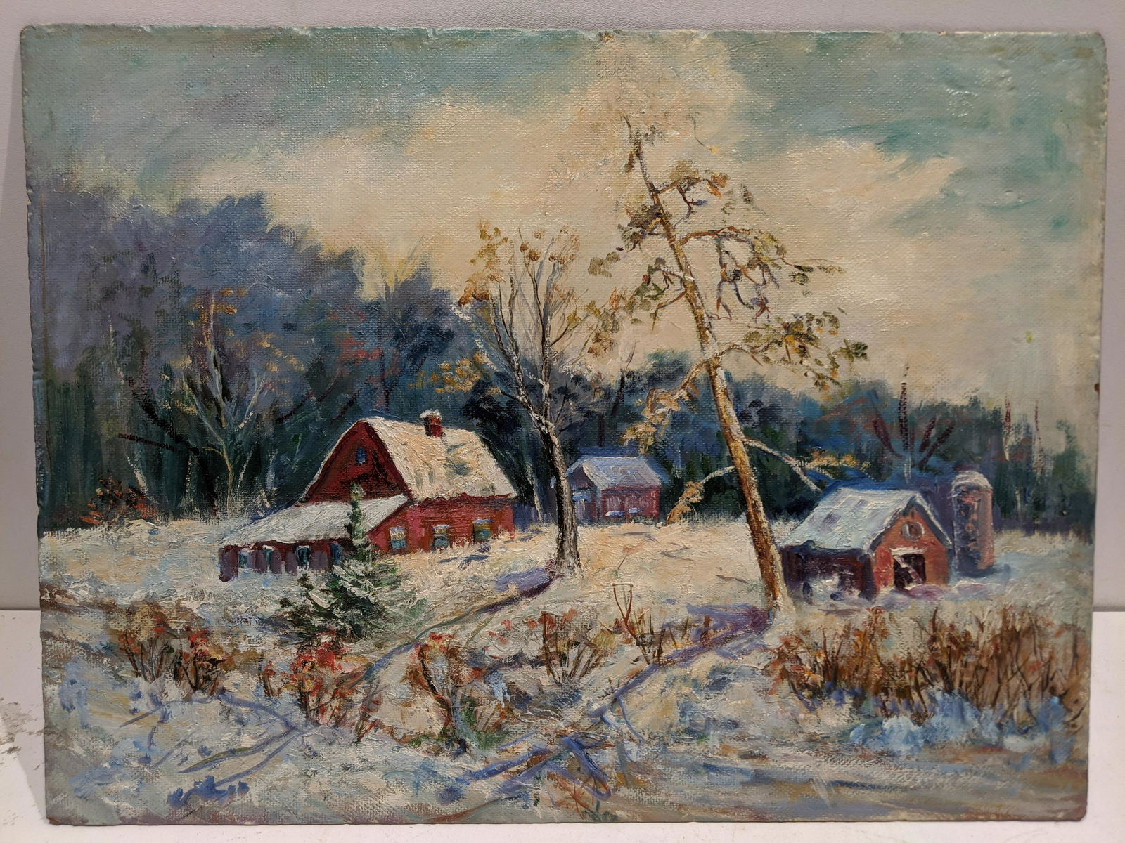 Signed Winter Farm Scene Oil Painting (1 of 12)