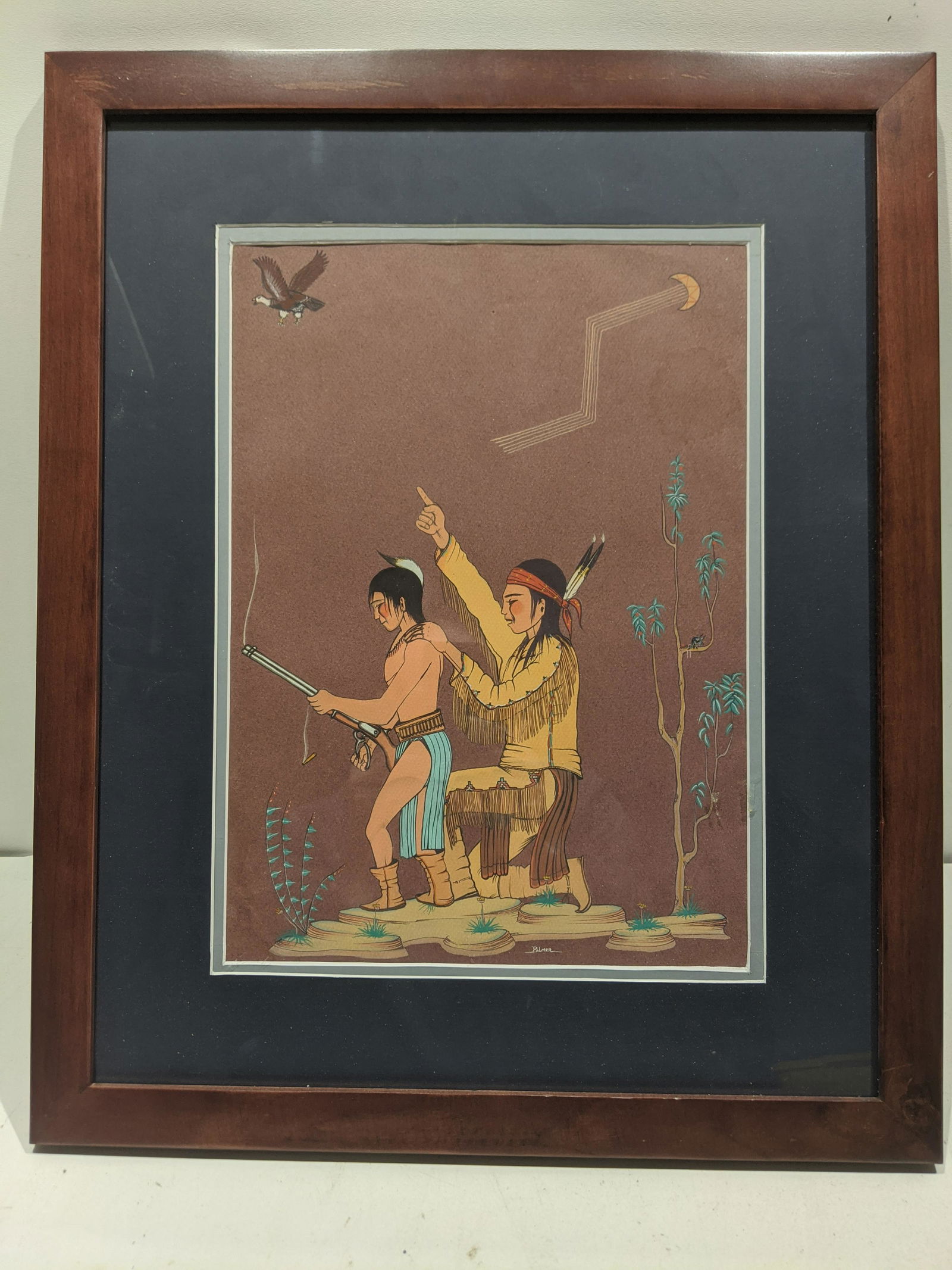 1941 Ignatius Palmer Indian Learning To Hunt w/ Rifle: 1941 Ignatius Palmer Indian Learning To Hunt w/ Rifle, framed under glass. Signed lower center. Listed New Mexico artist born 1921, painted at the Santa Fe Indian School before leaving to fight in WWI
