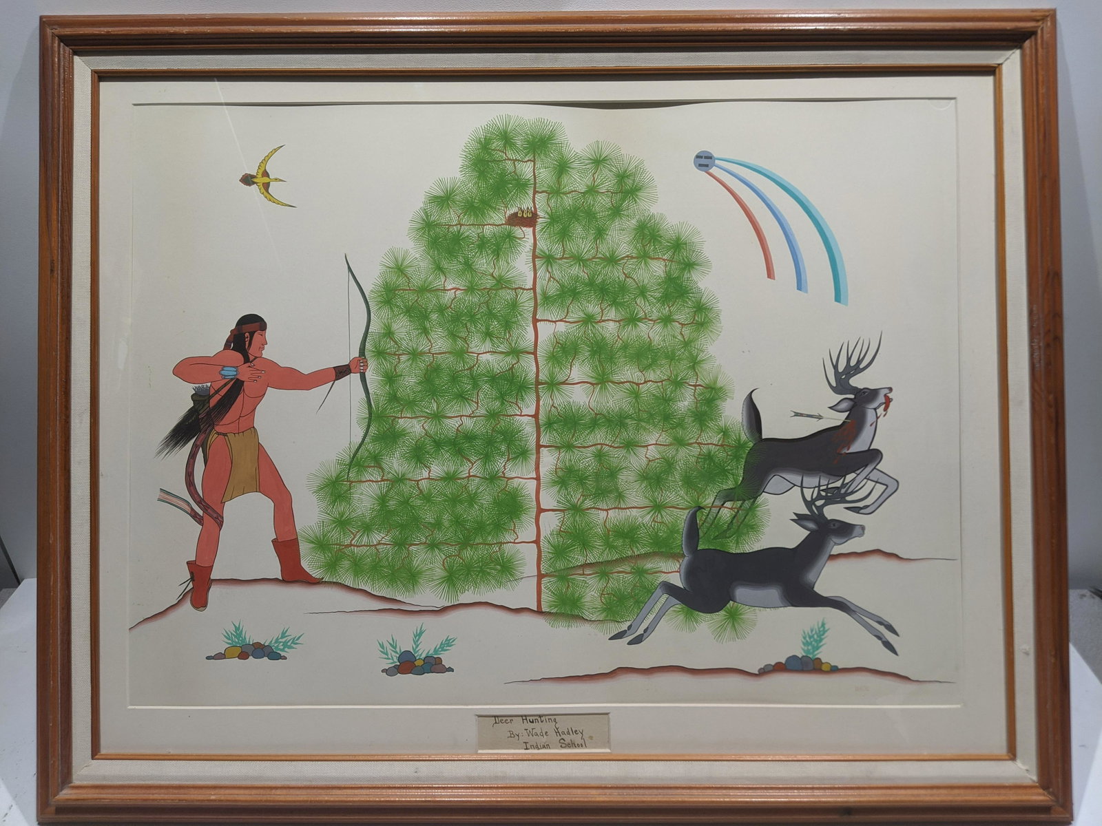 Wade Hadley Indian School Deer Hunting Drawing: Wade Hadley Indian School Deer Hunting Drawing, framed under glass. Signed Wade lower right, painted at the Santa Fe Indian School before leaving to fight in WWII. Measurements in inches: 36 x 28, ima