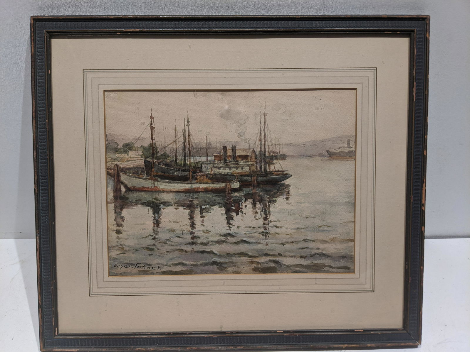 Edgar Forkner Ships in Harbor Watercolor Painting (1 of 14)
