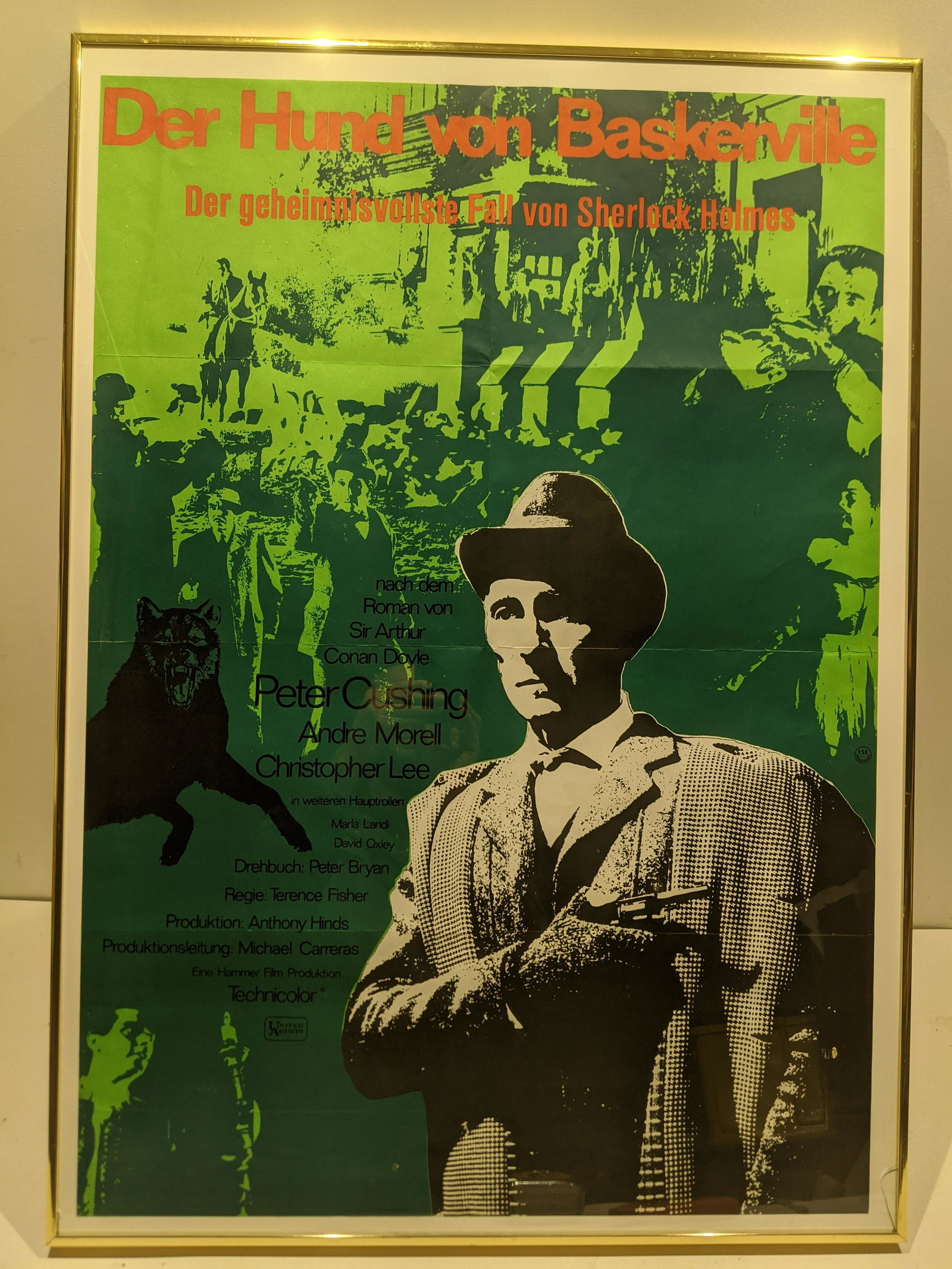 1959 German Move Poster Hound of the Baskervilles: 1959 German Move Poster Hound of the Baskervilles featuring Sherlock Holmes. Framed under glass. Measurements in inches: 25 x 35 Condition:Has fold marks. Glass has some small cracks Shipping:We offer
