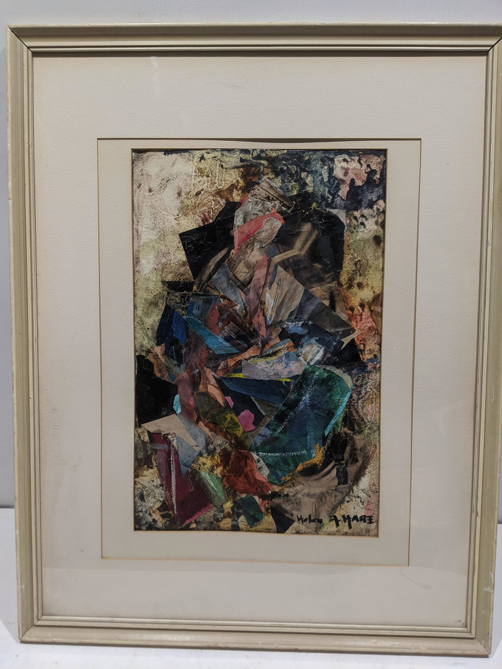 Signed Helen Hari Abstract Mixed Media Painting: Signed Helen Hari Abstract Mixed Media Painting framed under glass. Signed lower right. Measurements in inches: 28 x 22, image: 17 1/2 x 11 Condition:Frame has some scratches Shipping:We offer in-hous