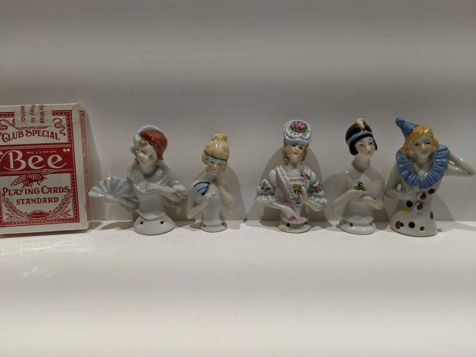 Lot 5 Porcelain Pin Cushion Dolls Germany etc: Lot 5 Porcelain Pin Cushion Dolls, most marked Germany. Measurements in inches: 4 to 4 1/2 high Condition:Good with no problems Shipping:We offer in-house shipping. Item(s) will be packed after invoic
