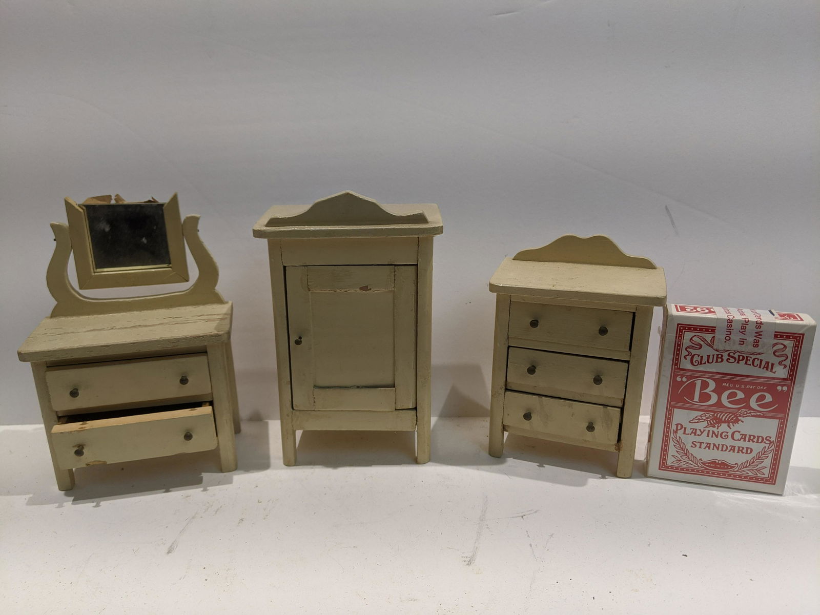 Antique Gottschalk German Dollhouse Bedroom Furniture: Antique Gottschalk German Dollhouse Bedroom Furniture with highboy dresser, lowboy with mirror and wardrobe. Measurements in inches: 6 high x 3 1/2 x 2 1/2 Condition:Shows minor wear, top of mirror is