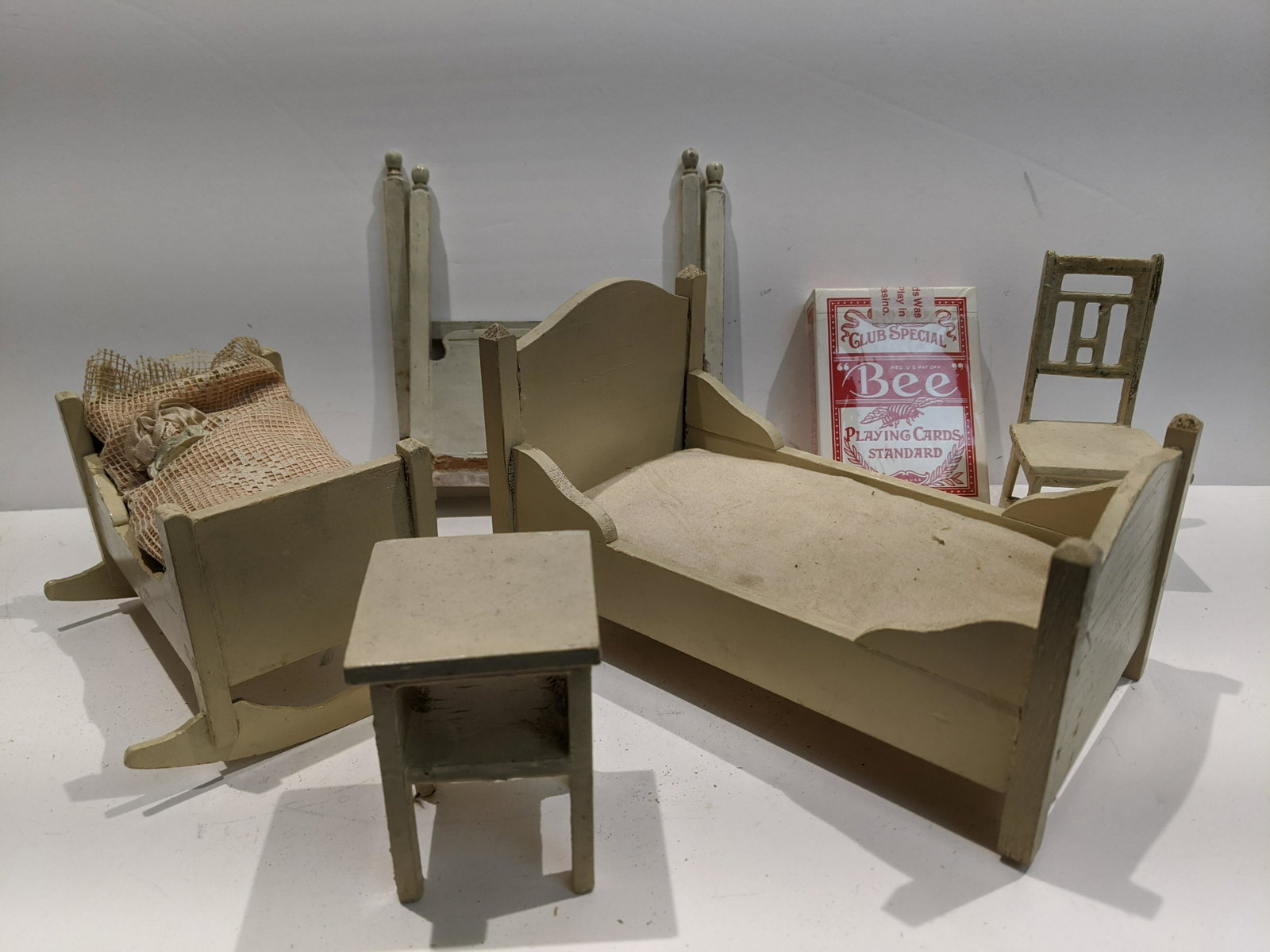 1920's German Dollhouse Furniture Bed Crib Chair etc: 1920's German Dollhouse Furniture Bed, crib, chair, chair, side table and parts of bed. Likely Gottschalk. Condition:Normal wear with age and use Shipping:We offer in-house shipping. Item(s) will be p
