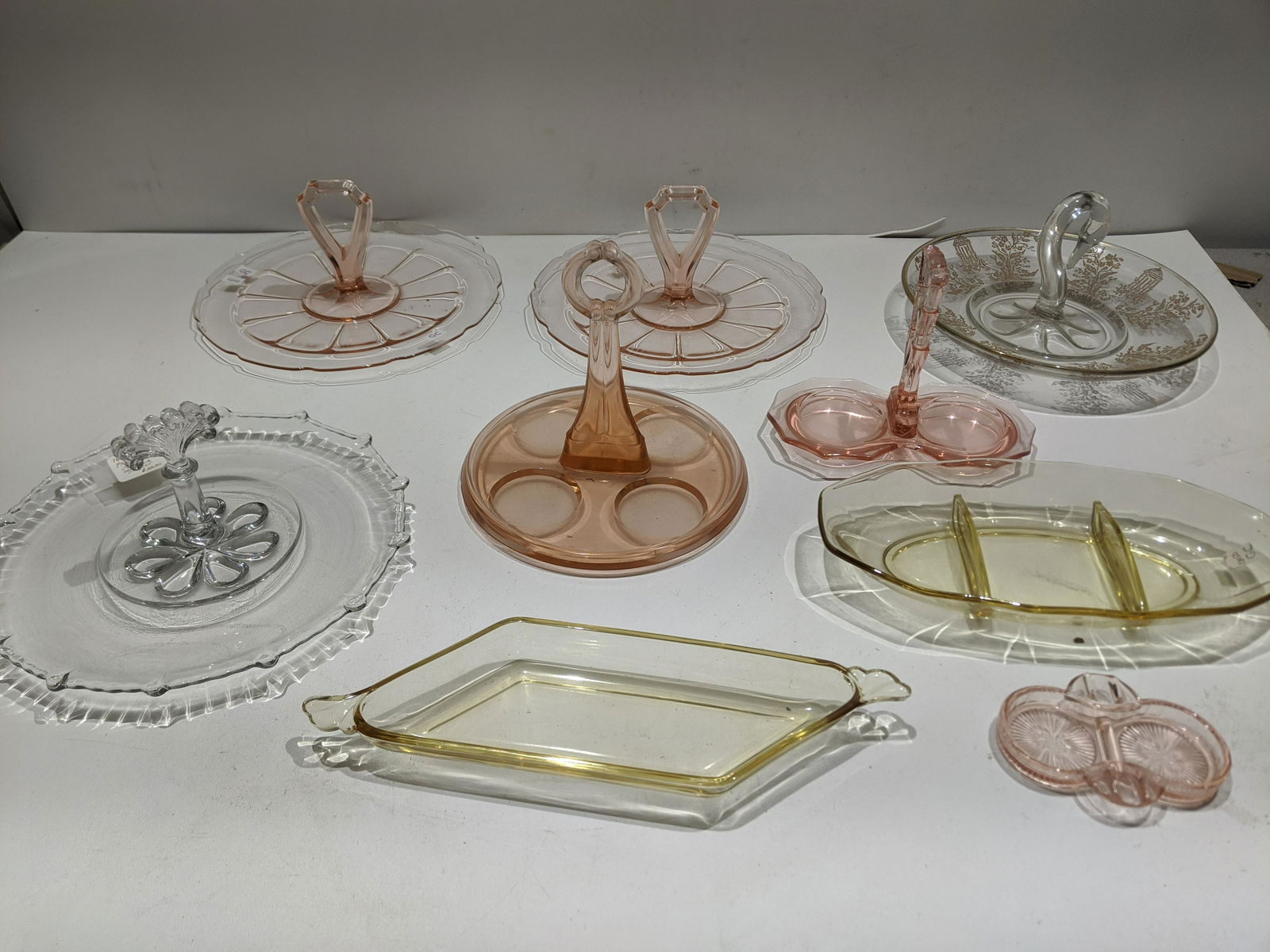 Lot 9 Assorted Colored Depression Glass Serving Pieces (1 of 9)