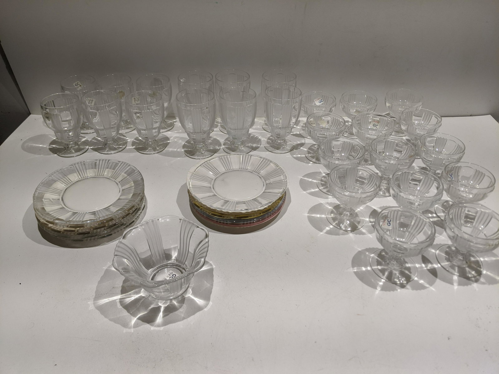 Lot 38 Frosted Glacier Clear Glass Sherbets Goblets: Lot 38 Frosted Glacier Clear Glass Sherbets Goblets and plates. Condition:As found, Sold as is. No obvious cracks or chips Shipping:We offer in-house shipping. Item(s) will be packed after invoice is 