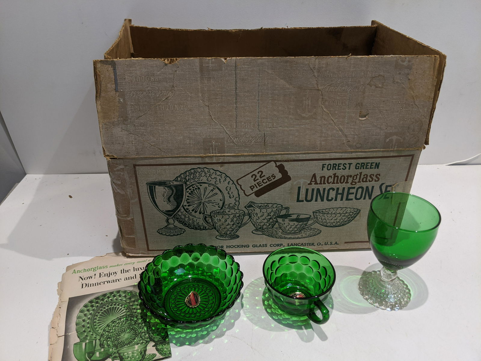 NOS Anchorglass 22 Piece Green Luncheon Set in Box (1 of 6)