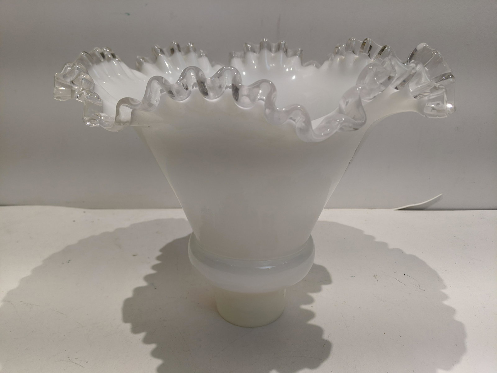 Large Vintage Fenton Silvercrest Torchiere Shade: Large Vintage Fenton Silvercrest Torchiere Shade. Measurements in inches: 11 high h x 12 wide and 3 wide Condition:As found, Sold as is. No obvious cracks or chips Shipping:We offer in-house shipping.