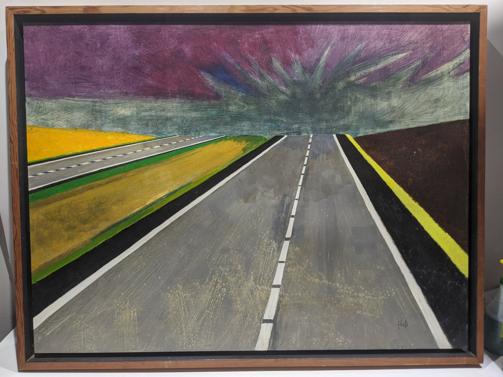 1964 Thad Brykalski Acrylic On Board of Highway: 1964 Thad Brykalski Acrylic On Board of Highway titled To Nebulous Morrow. In wood frame. Signed lower right and info on reverse. Measurements in inches: 42 1/2 x 32 1/2, Image: 38 x 28 Condition:Good