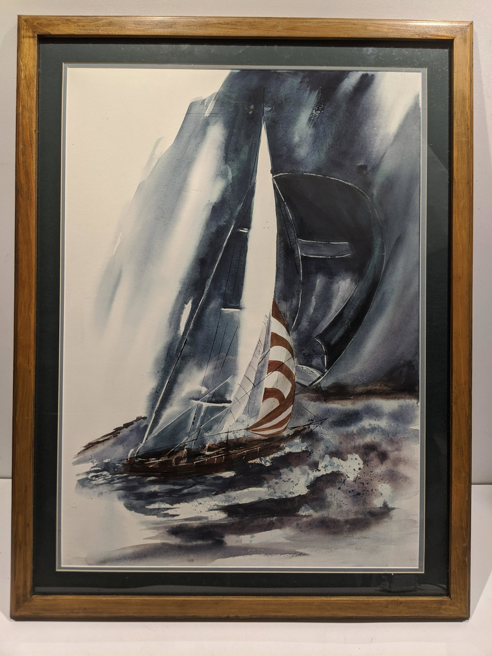 Signed Em Radtke Sailboat in Storm Watercolor: Signed Em Radtke Sailboat in Storm Watercolor painting framed under glass. Signed lower right. Measurements in inches: 34 x 26, image: 28 x 20 Condition:Good with no problems Shipping:We offer in-hous