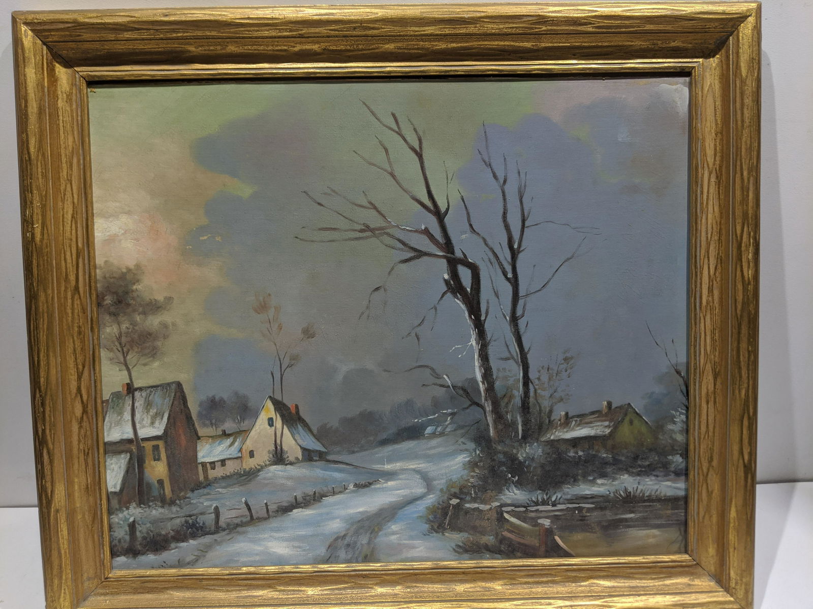 Unsigned Winter Village Oil Painting (1 of 15)