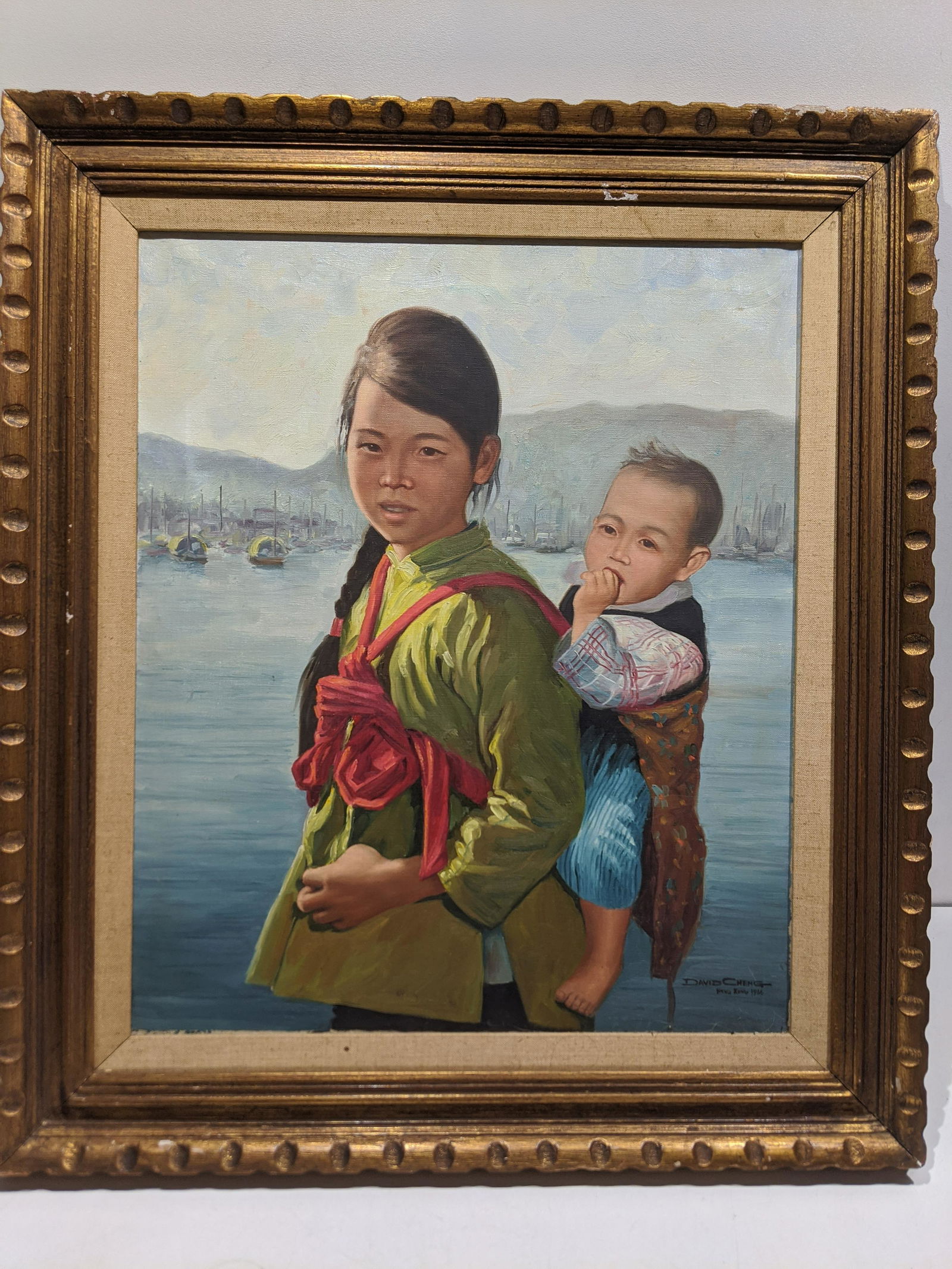 1966 David Cheng Hong Kong Girl & Boy Oil Painting (1 of 16)