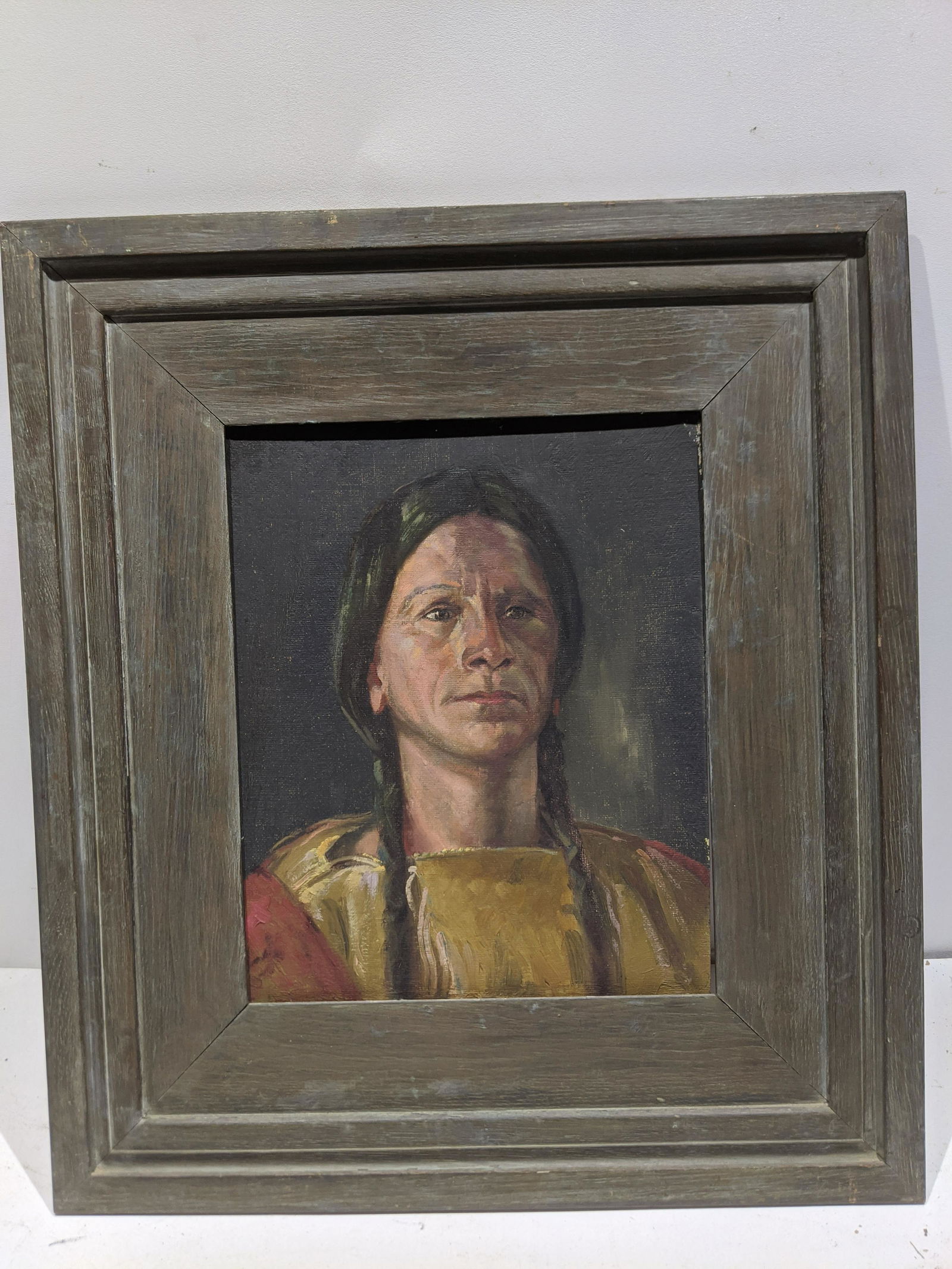Eanger Irving Couse Native American Man Portrait: Eanger Irving Couse Native American Man Portrait oil painting on board in frame. Not signed on front but attributed to Eanger Irving Couse. Listed artist born 1866-1936. Measurements in inches: 22 x 2