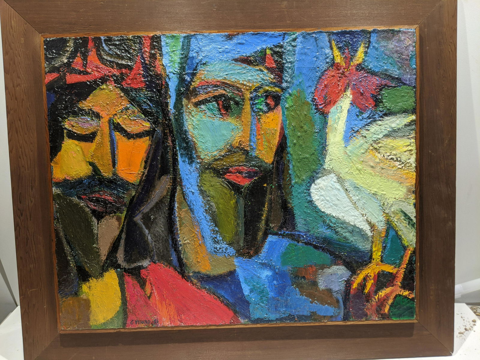 1954 Claude Venard Bearded Men w/ Bird Oil Painting (1 of 14)