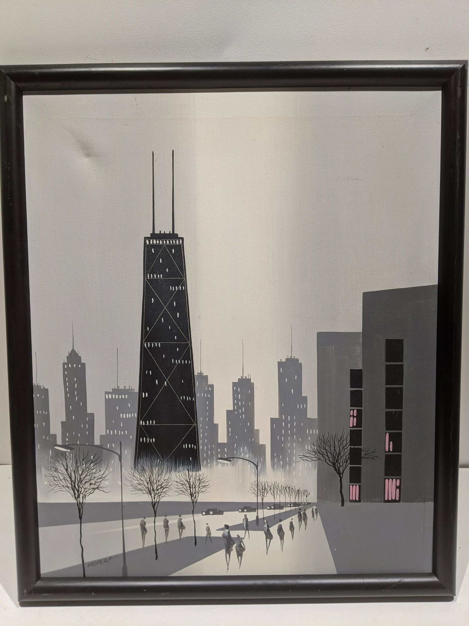 Eduardo Oropeza Chicago Cityscape Oil Painting: Eduardo Oropeza Chicago Cityscape Oil Painting on canvas in frame. Listed California artist born 1947-2003. Measurements in inches: 22 x 26, image: 19 1/2 x 23 1/2 Condition:Has small indentation uppe