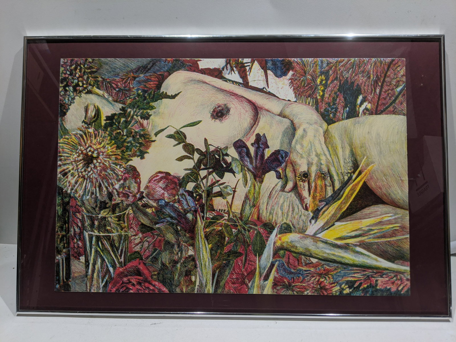 Claire Prussian Nude Woman in Flowers Lithograph: Claire Prussian Nude Woman in Flowers Lithograph framed under glass. Listed US 20th Century artist. Measurements in inches: 32 1/2 X 21 1/2, Image: 26 1/2 x 18 Condition:Good with no problems Shipping