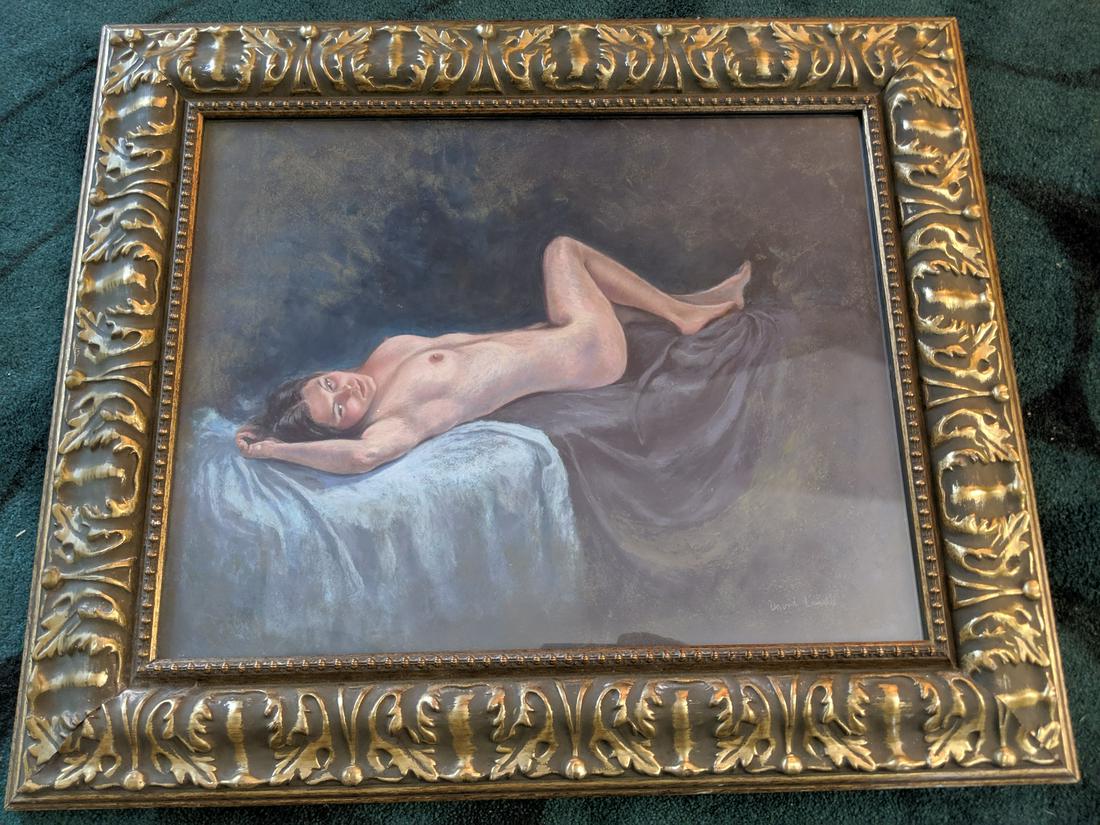 David Landis Reclining Nude Woman Pastel on Paper Paint: David Landis Reclining Nude Woman Pastel on Paper Painting, framed under glass Listed American artist born 1918 and died 1983. Measurements in inches: 26 3/4 x 22 3/4, Image: 19 5/8 x 15 1/2 Condition