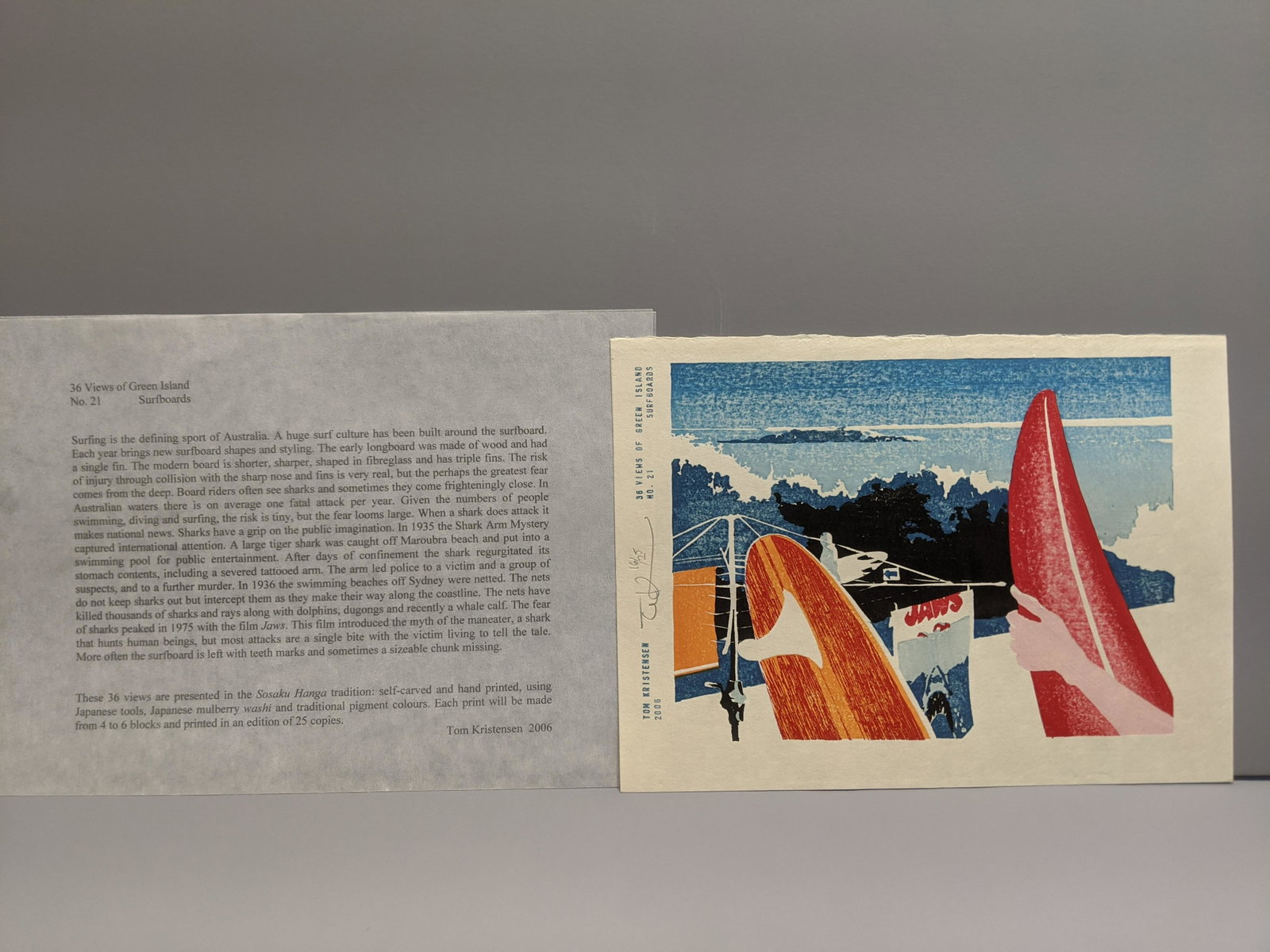Tom Kristensen Japanese Woodblock Print Surfboard: Tom Kristensen Japanese Woodblock Print Surfboards 2007 #21 16/25. Measurements in inches: 10 x 7 1/2 Condition:Normal wear with age Shipping:We offer in-house shipping. Item(s) will be packed after i