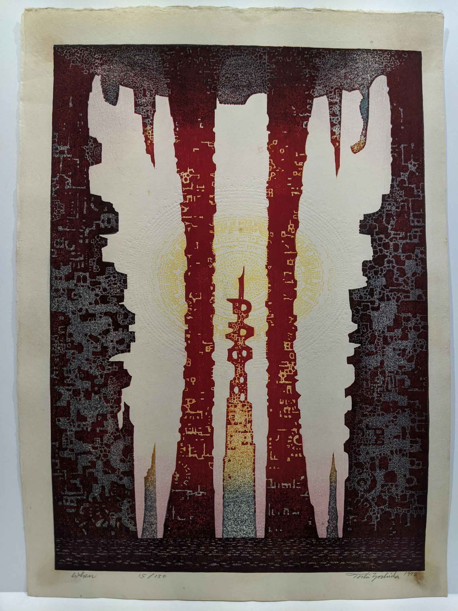 Toshi Yoshida Japanese Woodblock Print When: Toshi Yoshida Japanese Woodblock Print When. Measurements in inches: 17 1/2 x 22 Condition:Has staining on reverse edges and toning Shipping:We offer in-house shipping. Item(s) will be packed after in